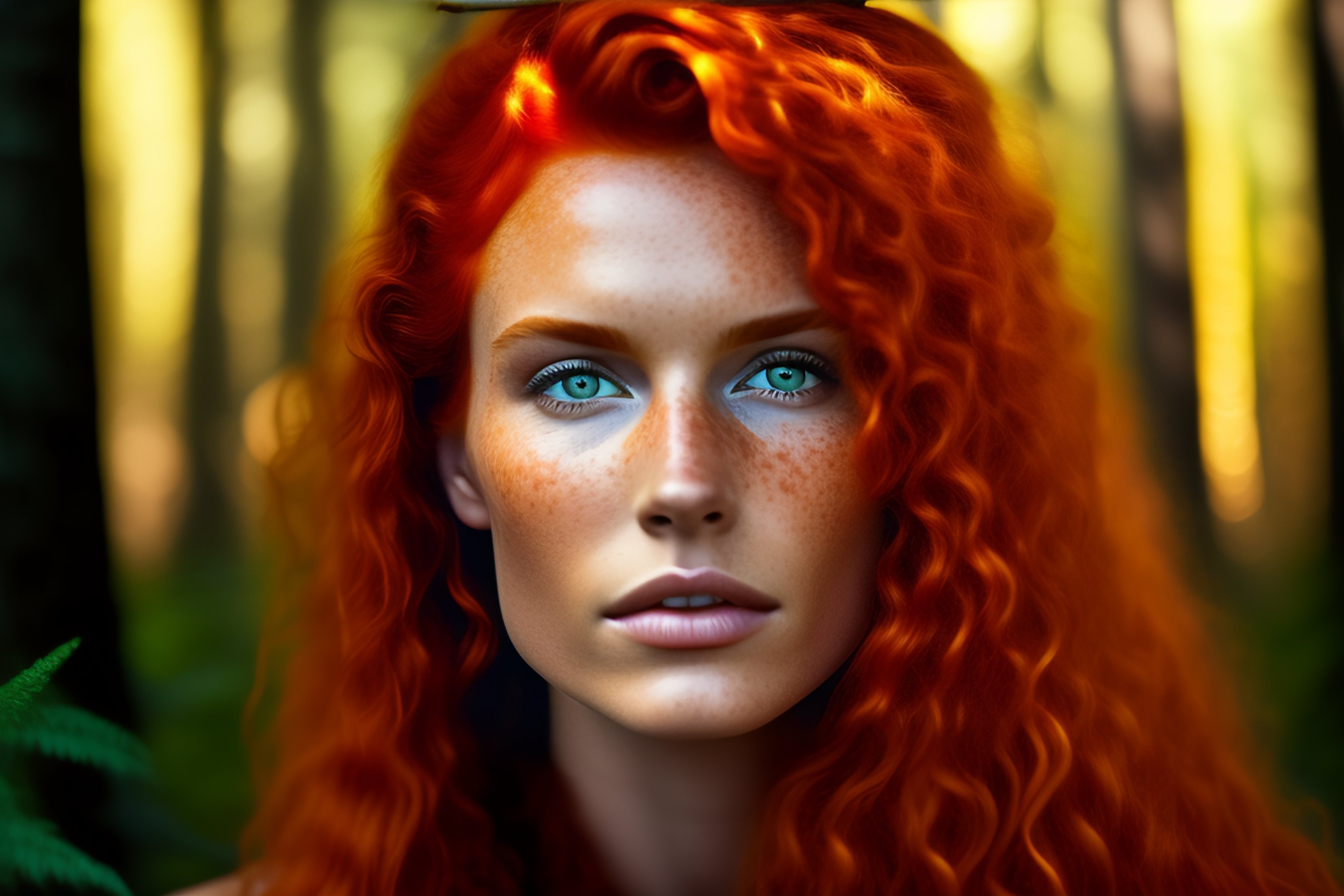Lexica Redhead Wild Hair Orange Eyes Freckles Forest Woman 