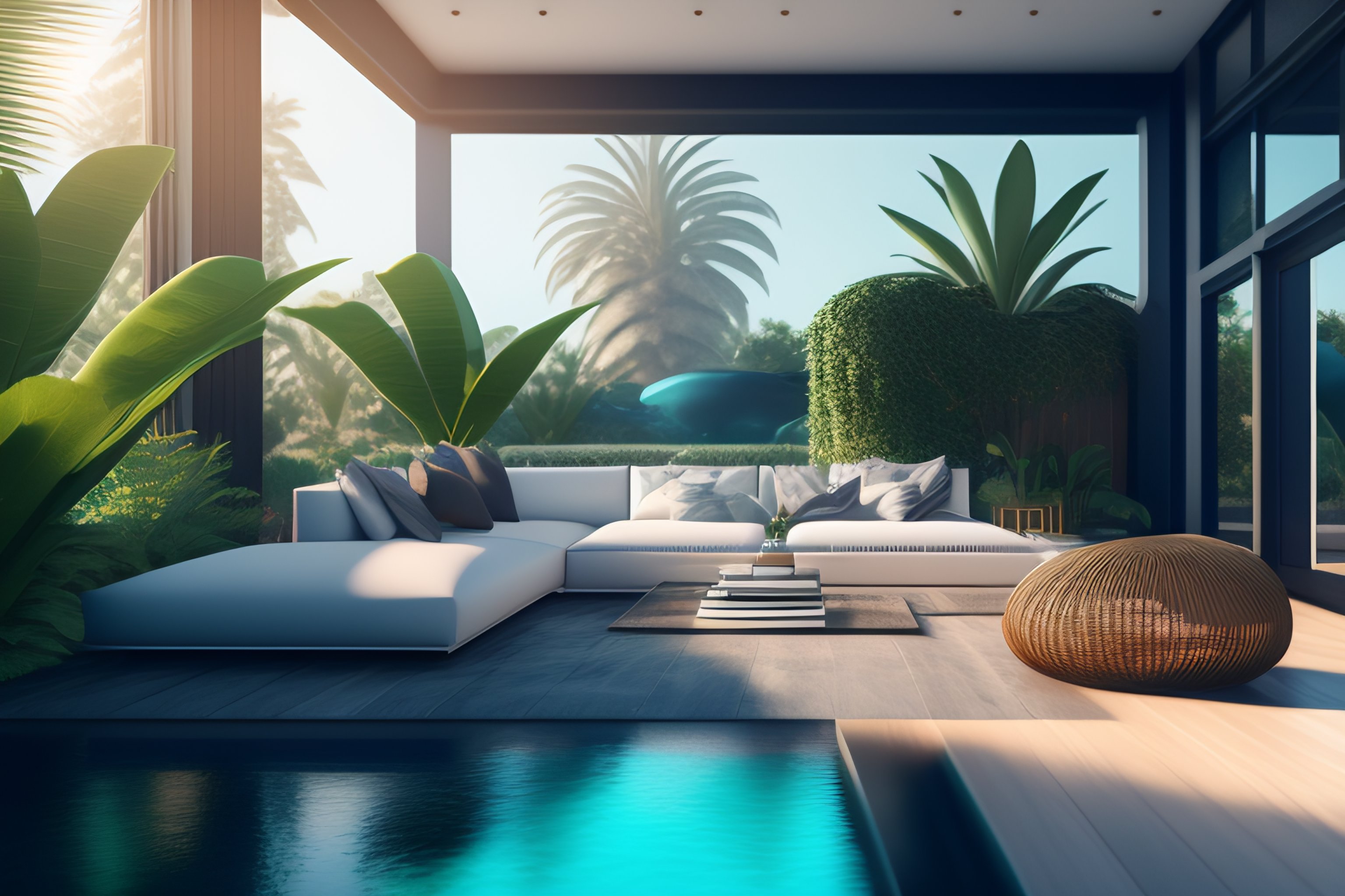 Lexica - Large contemporary interior, wide angle, living room, tropical ...