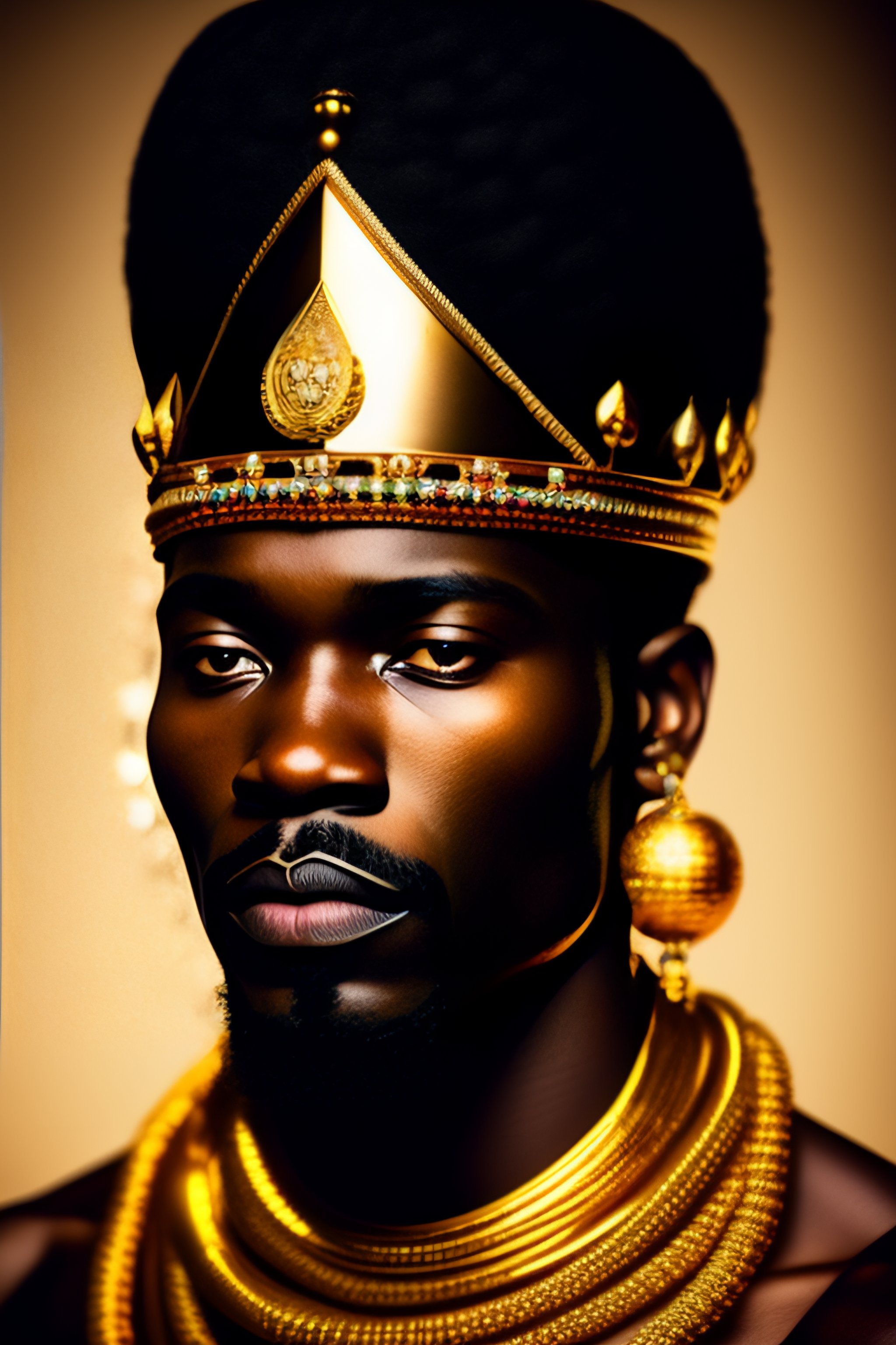 Lexica - African King, wearing gold ornaments, looking into camera ...