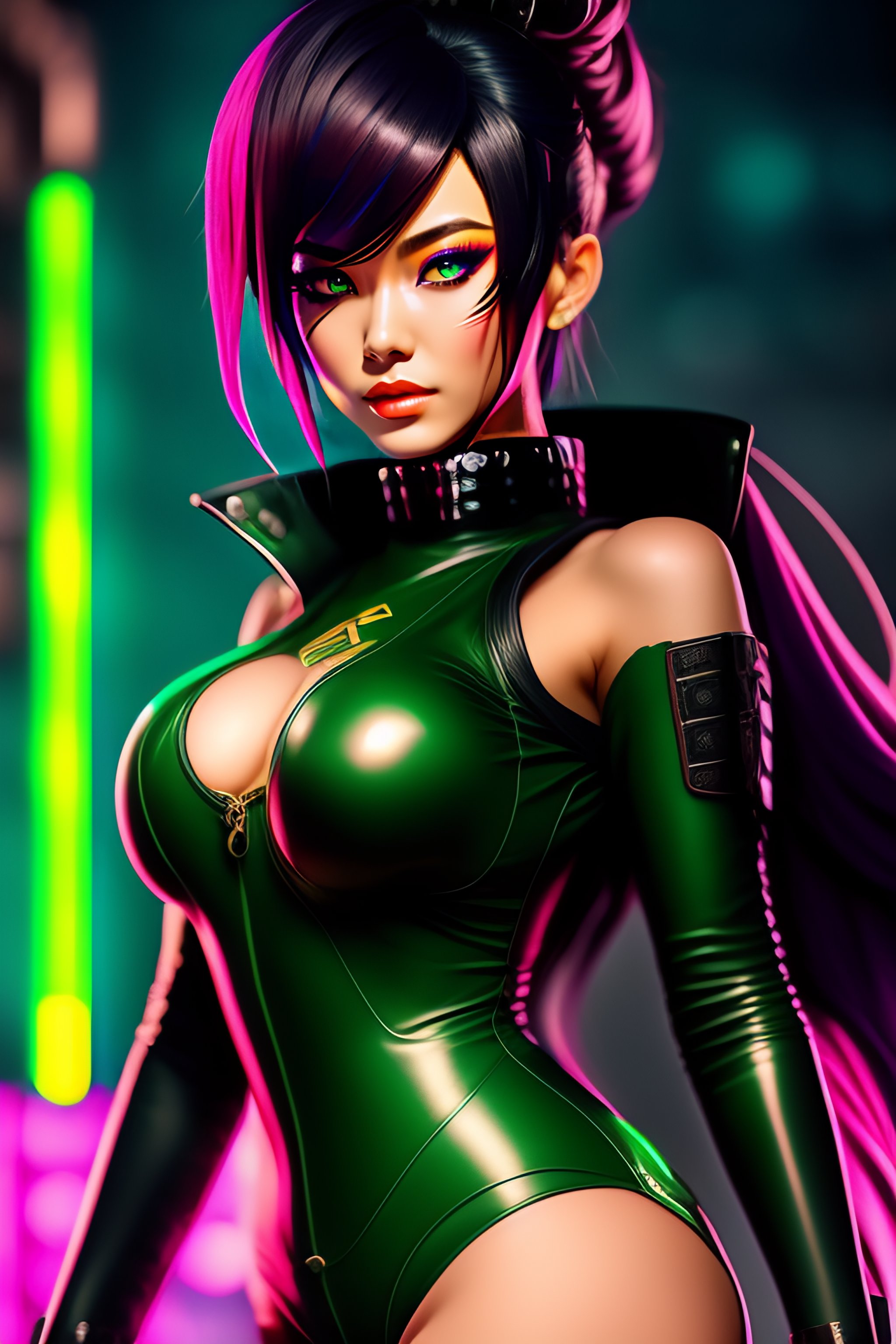 Lexica - Anime punk woman in mutlicolored green latex suit + poster +  Guweiz + Cyberpunk, branding, texts, labels —ar 2:3 —v 4 —upbeta