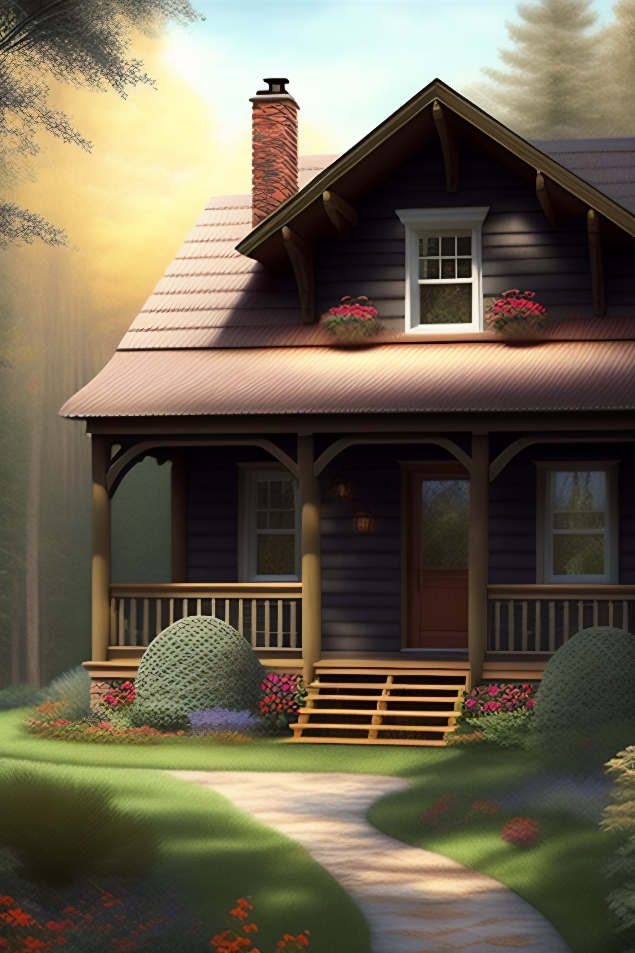 Lexica - Cottage house near forest, family on the porch with cat