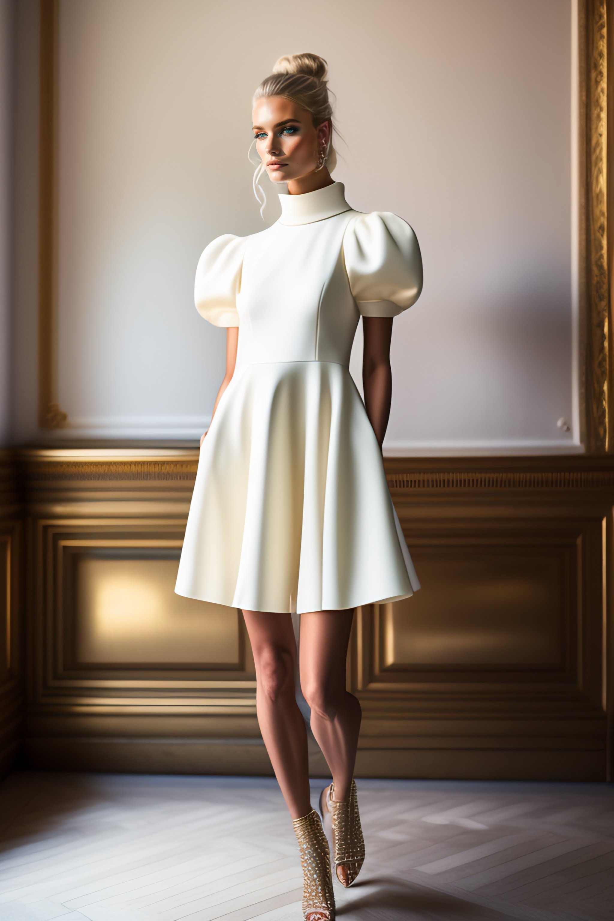 Lexica - Blond fashion model wearing a up the knee short wedding dress ...