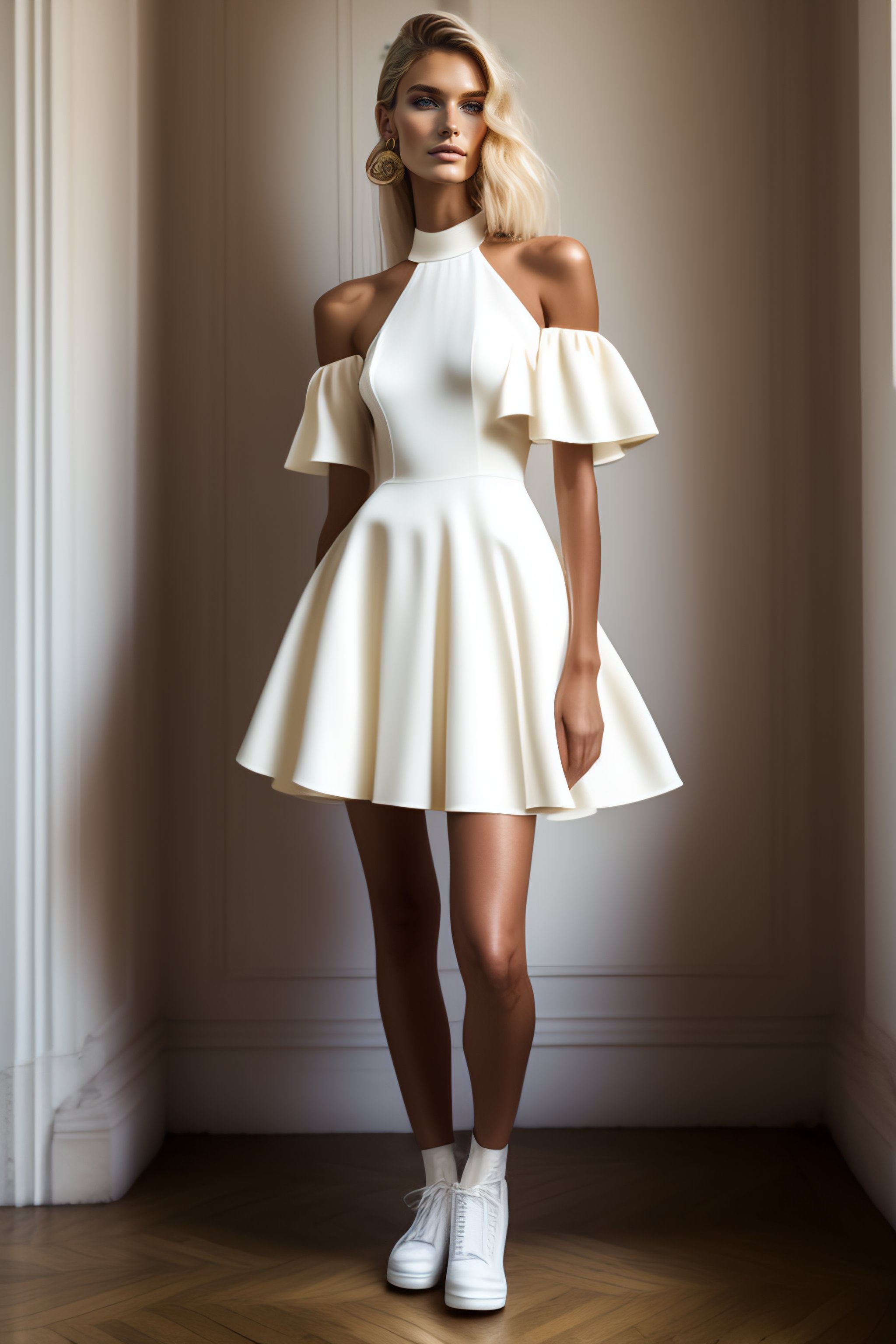 Lexica - Blond fashion model wearing a up the knee short wedding dress ...
