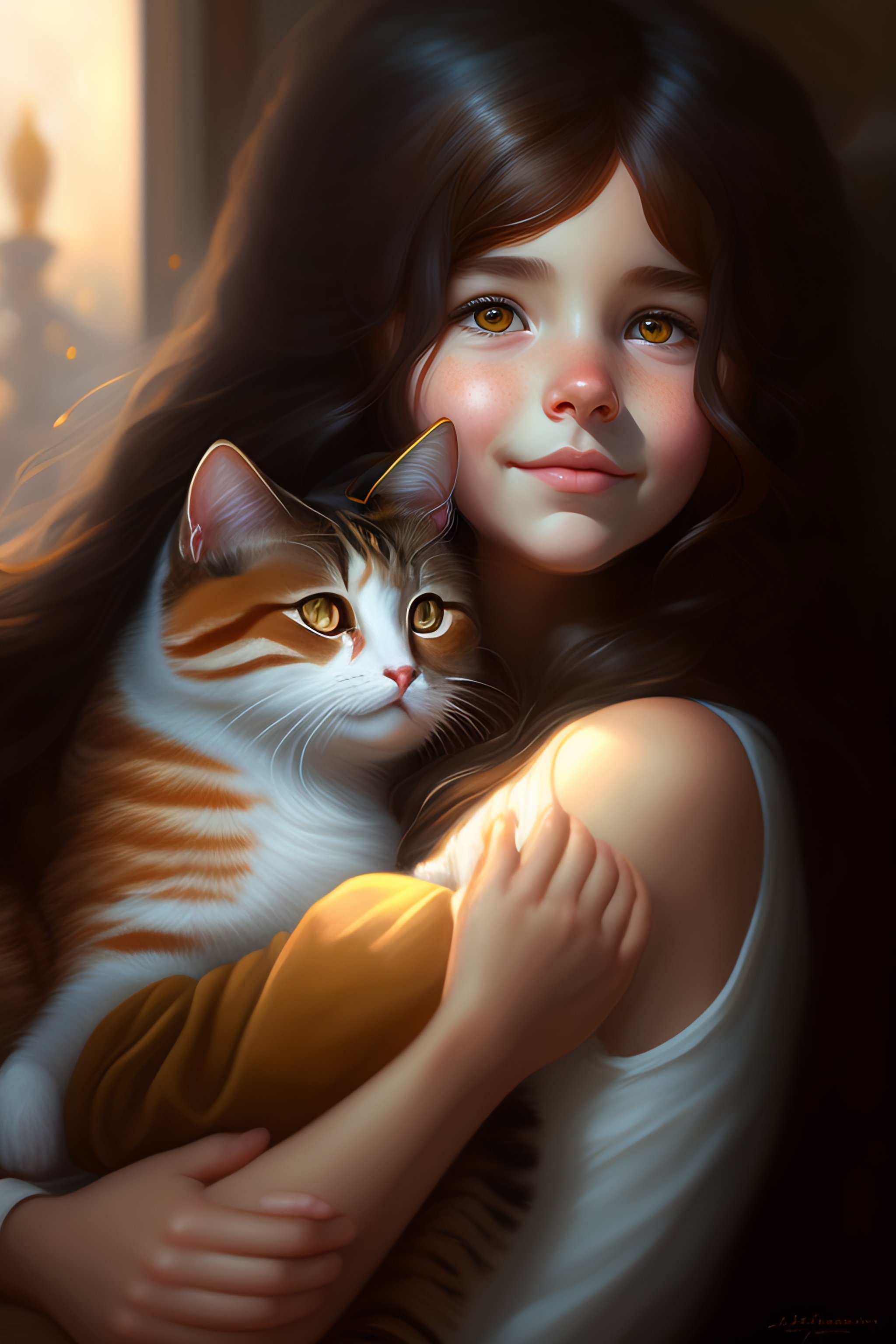 Lexica - A detailed portrait of a cute calm brunette girl hugging a ...