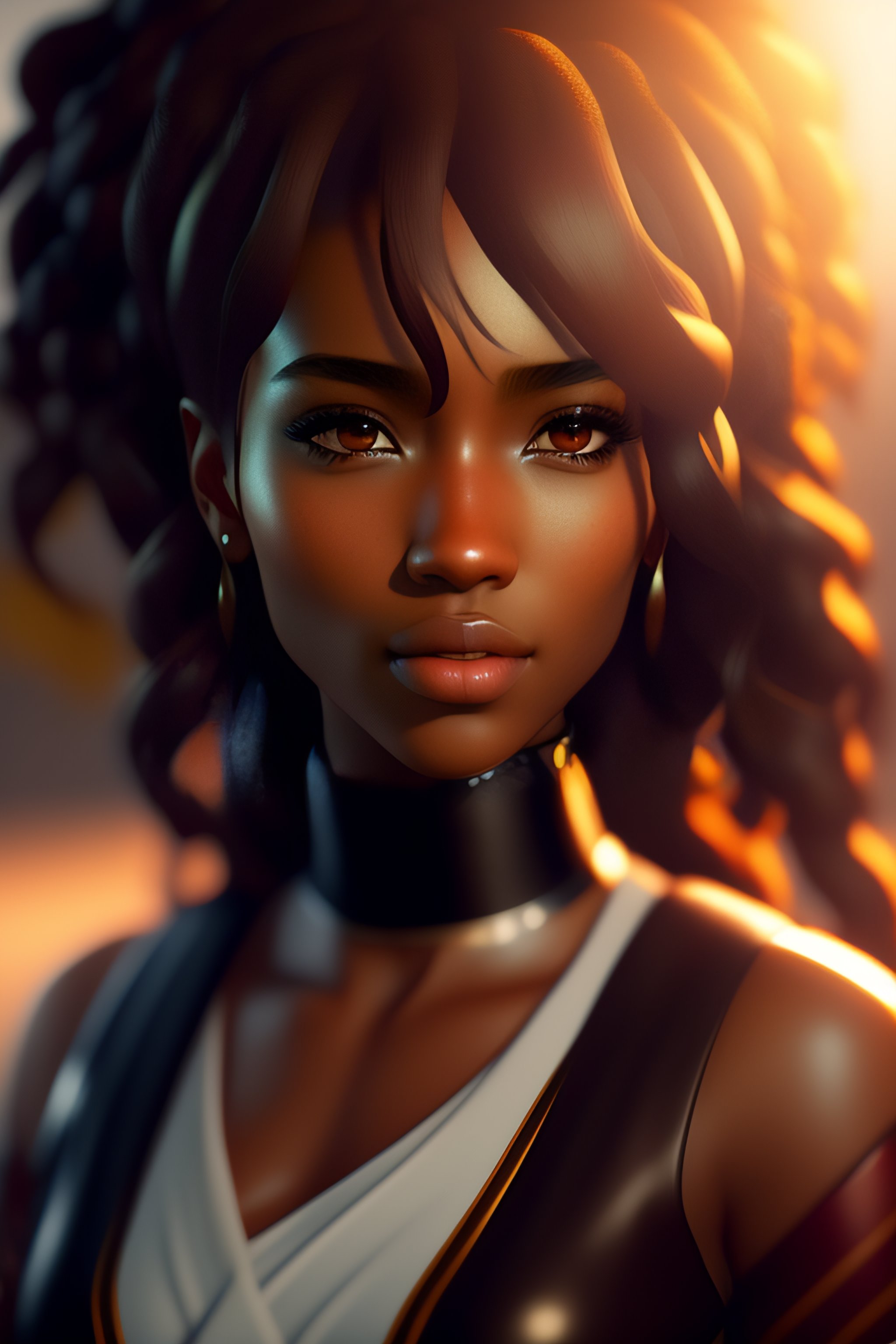 Lexica - A beautiful 3d brown anime girl, brown skin, long black curly  hair, Cinematic lighting, medium shot, anime masterpiece, highly detailed,  Tre...