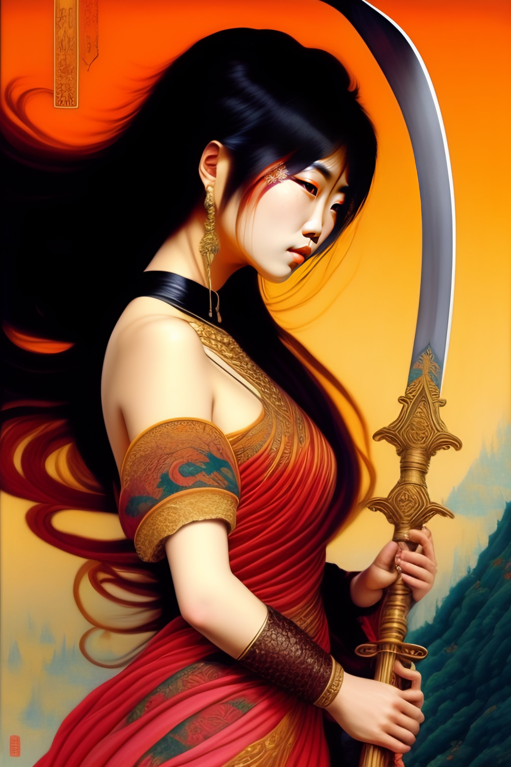 Lexica - Long shot of a beautiful asian girl holding a sword, grotesque,  doomed, acrylic paint, gouache on canvas, ugly art, grotesque, high  resoluti...