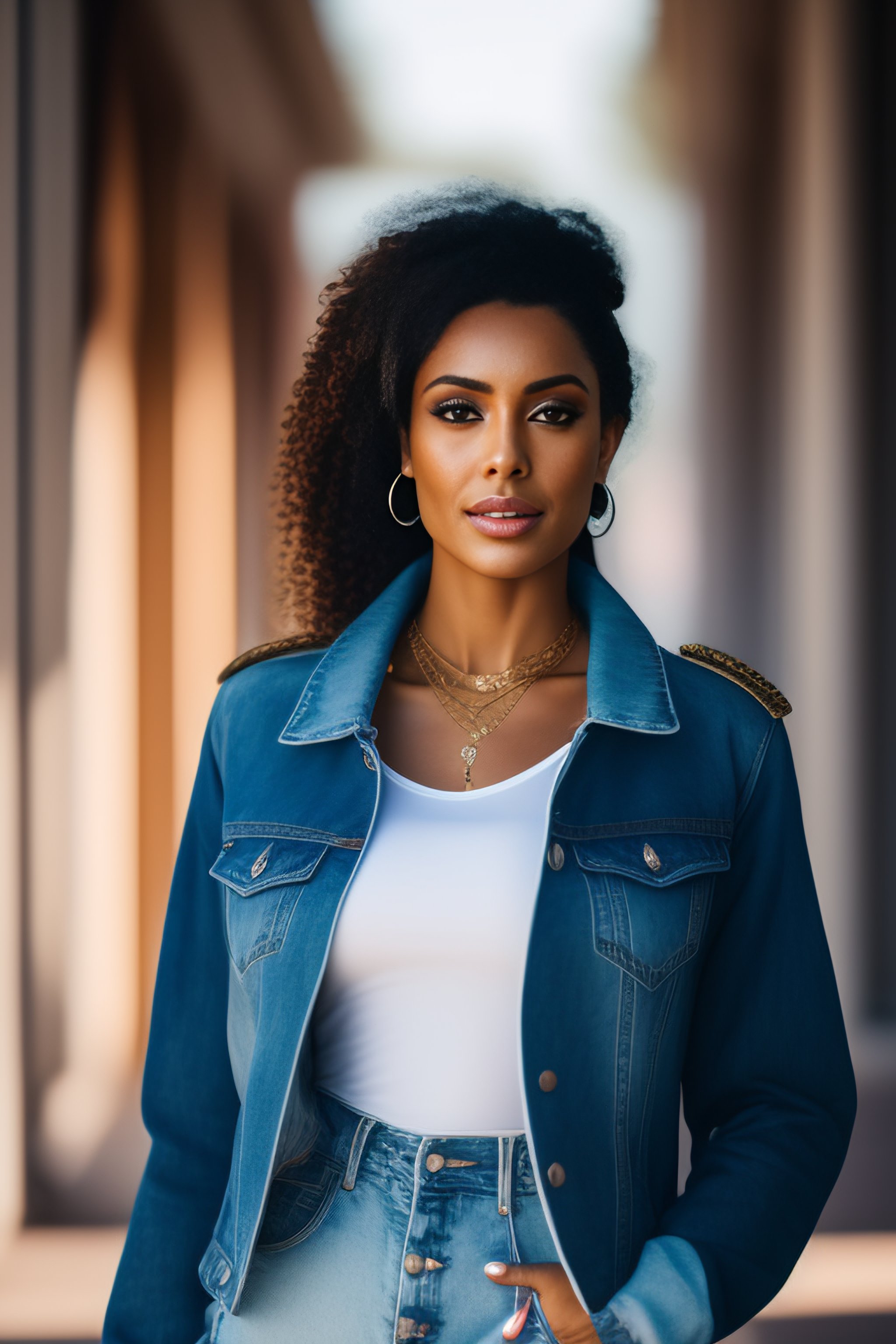 Lexica Woman with white t shirt and open blue jean jacket