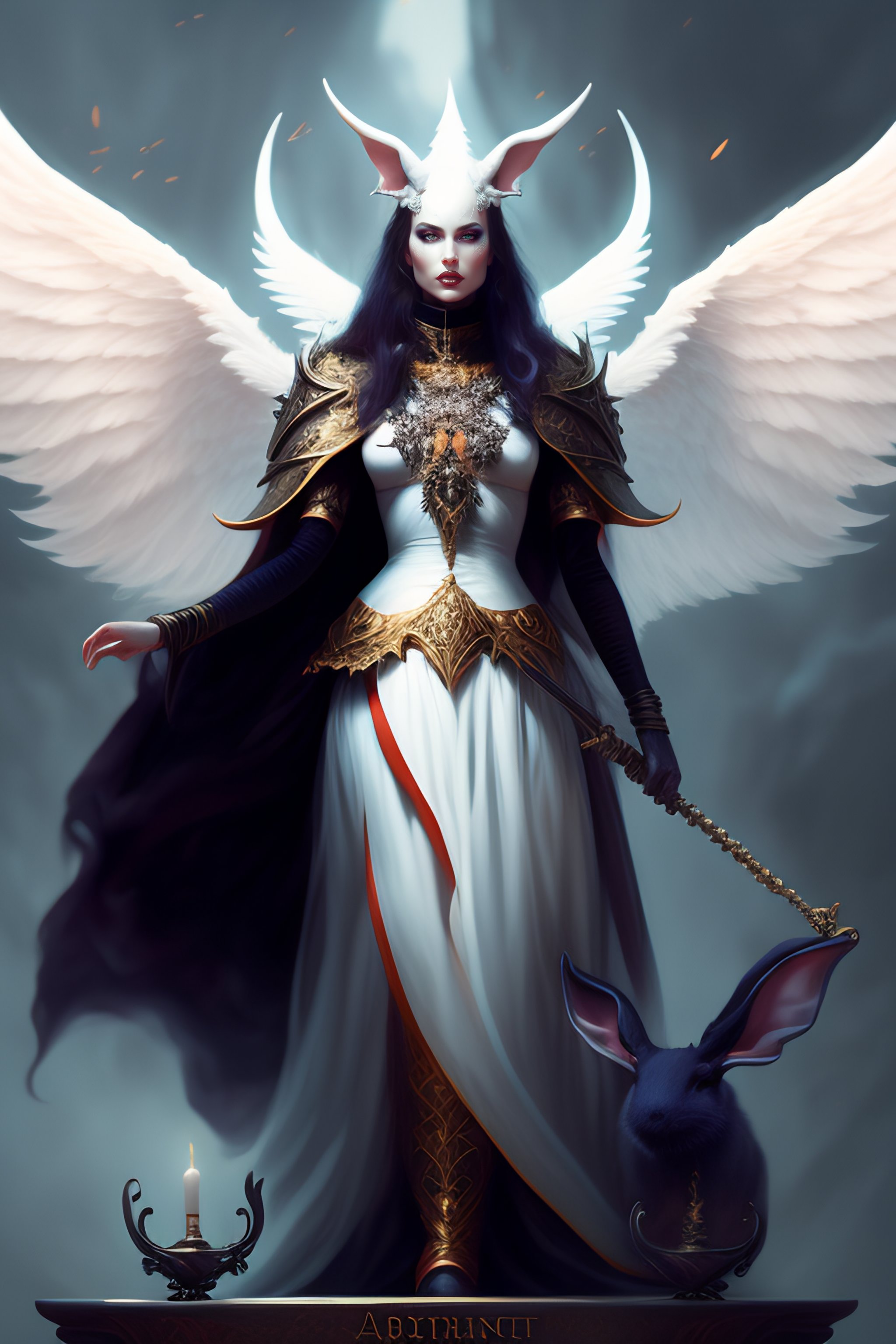 Lexica - A detailed full body portrait of a witch demon white rabbit in a  hellish world as angel of death standing on altar, background blades,  goth,...