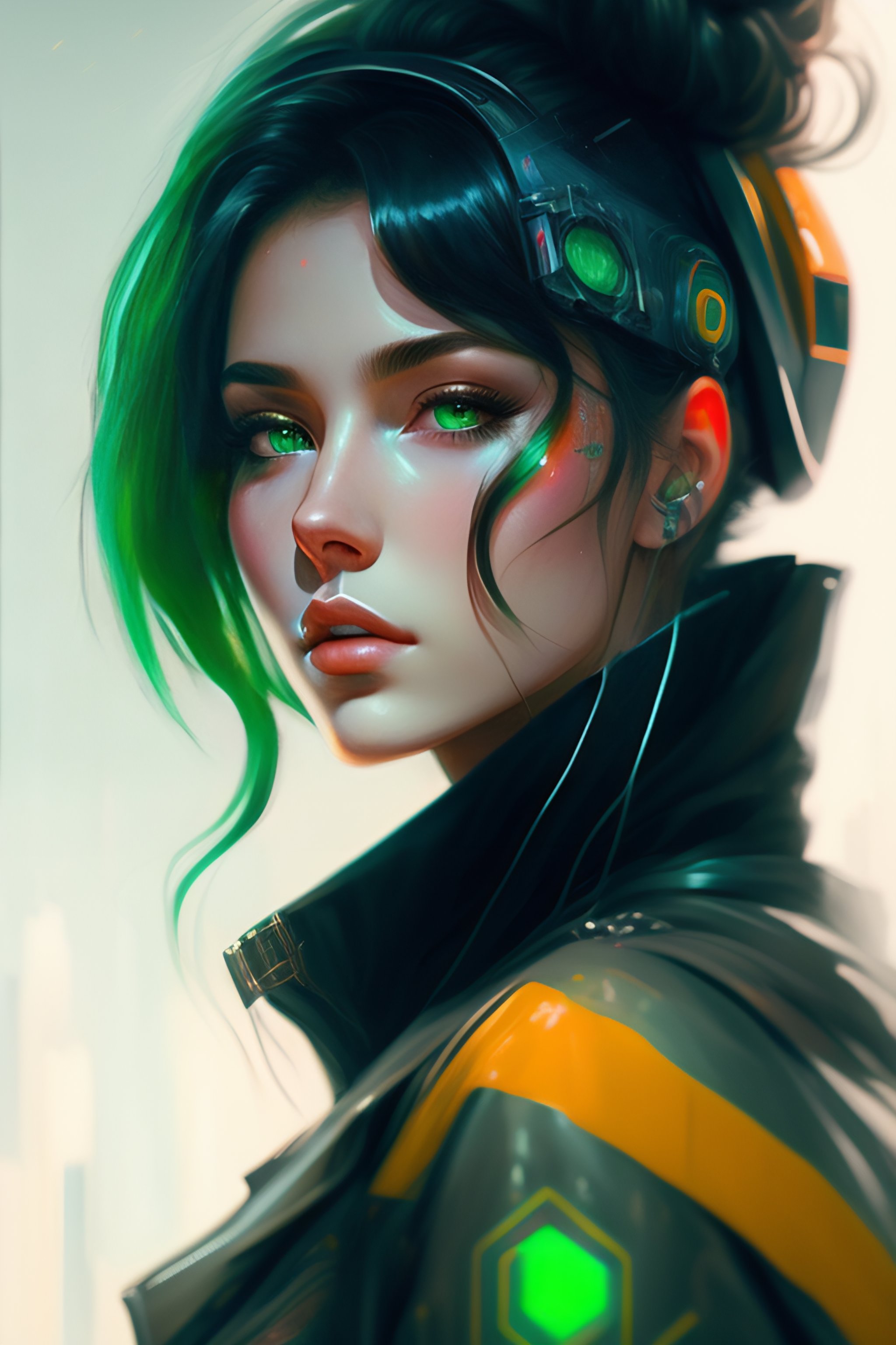 Lexica - A detailed painting of a cute cyberpunk girl with green eyes ...