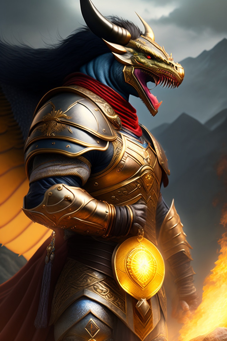Lexica - Warrior with a golden huge chest riding a dragon, cinematic ...