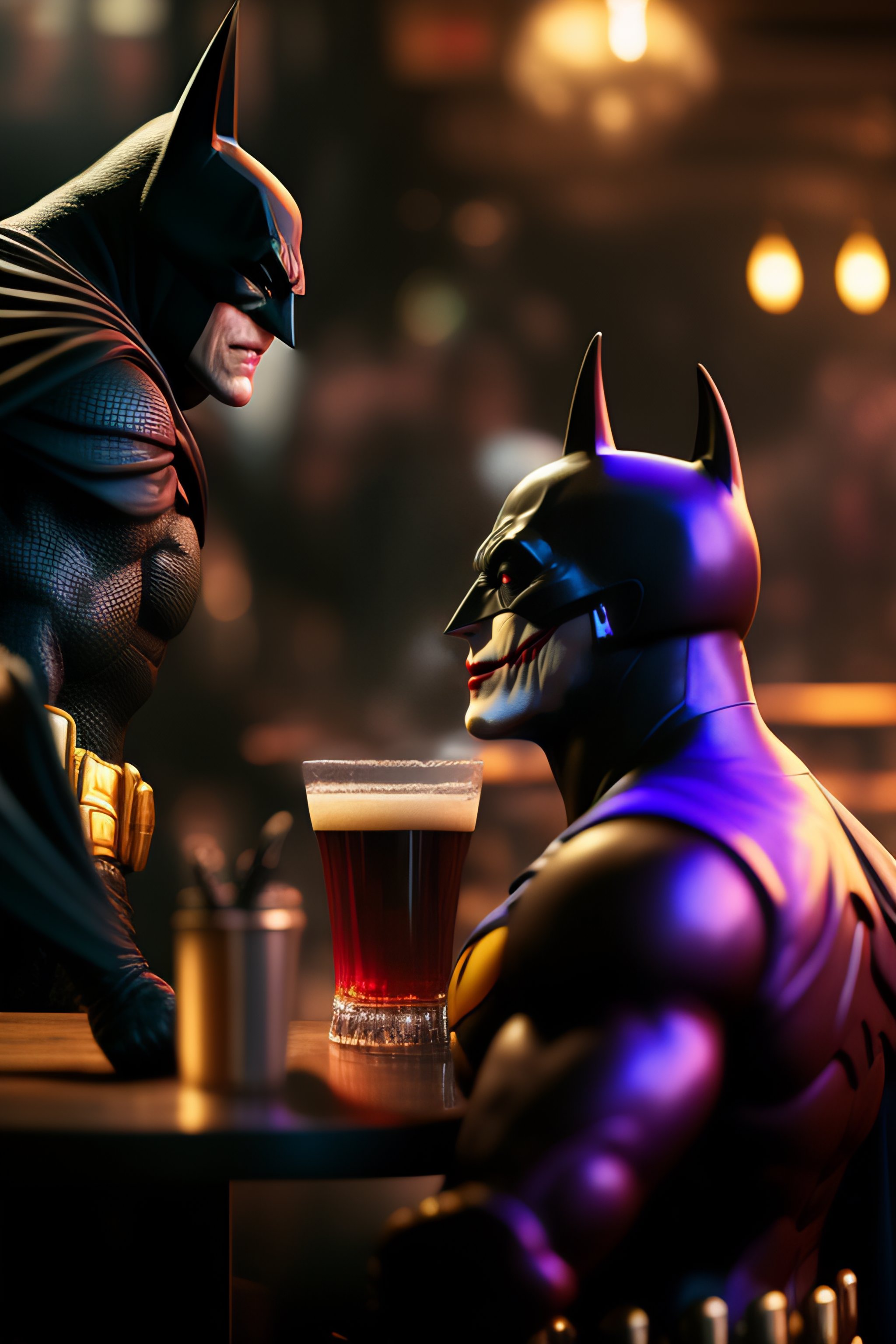 Lexica - Batman getting a drink with The Joker at a neighborhood bar one  day after work. They both seem happy