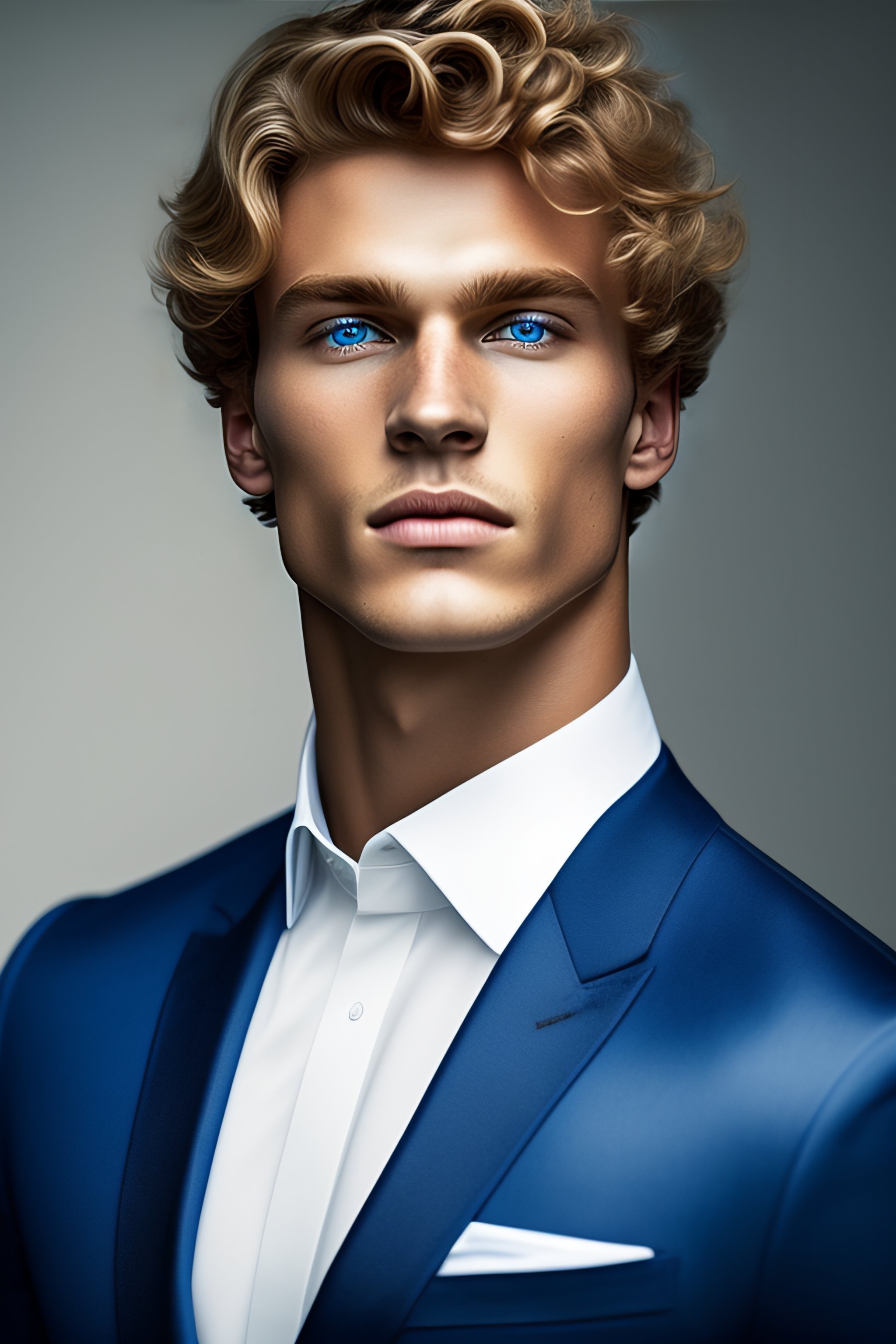 Lexica - Portrait waist-length guy curly short hair blond, Caucasian, blue  eyes