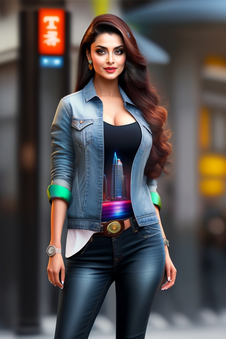 Lexica - Aishwarya Rai, full figure, t-shirt and jeans, cyberpunk city
