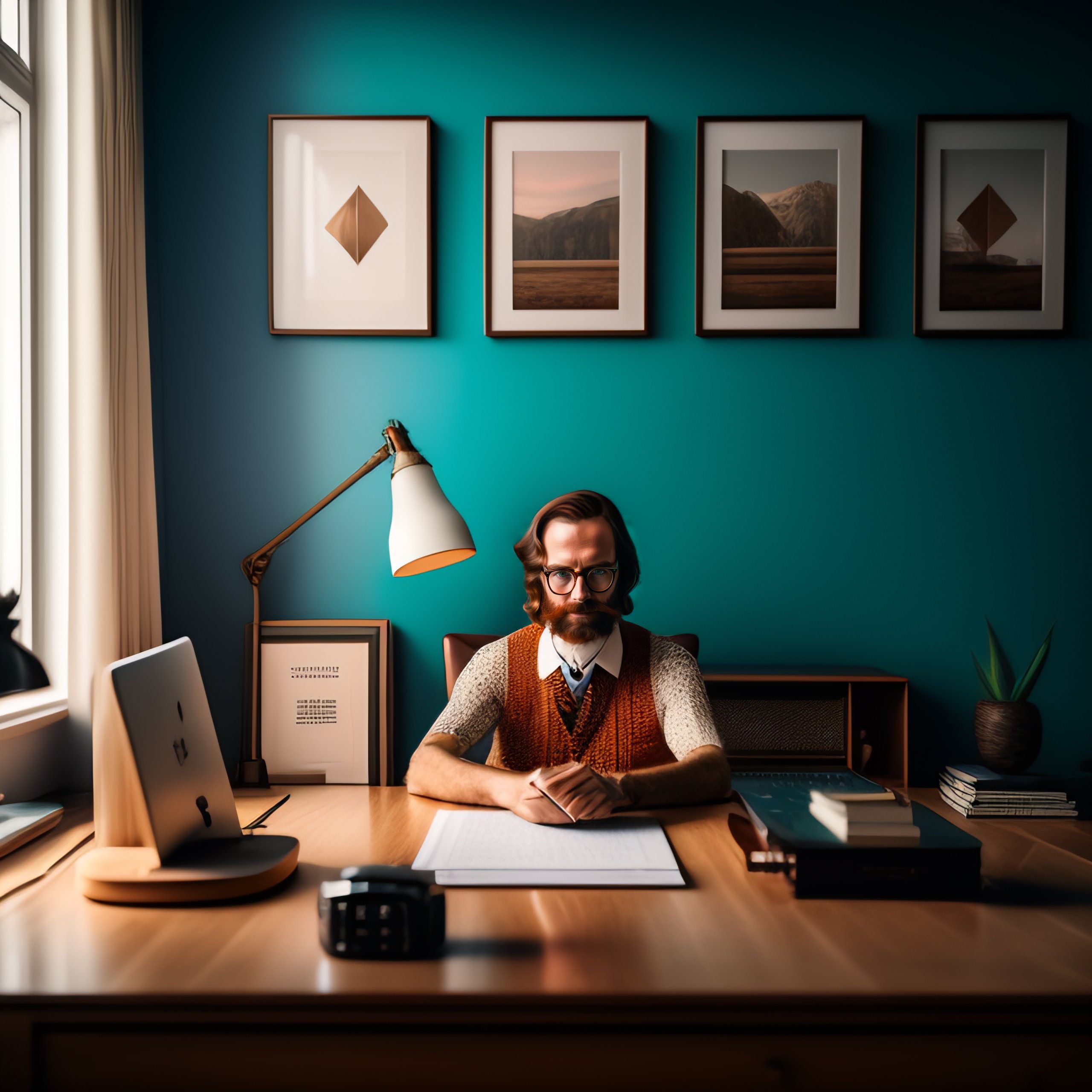 Lexica - Photography of a man sitting on his desk, wes Anderson style