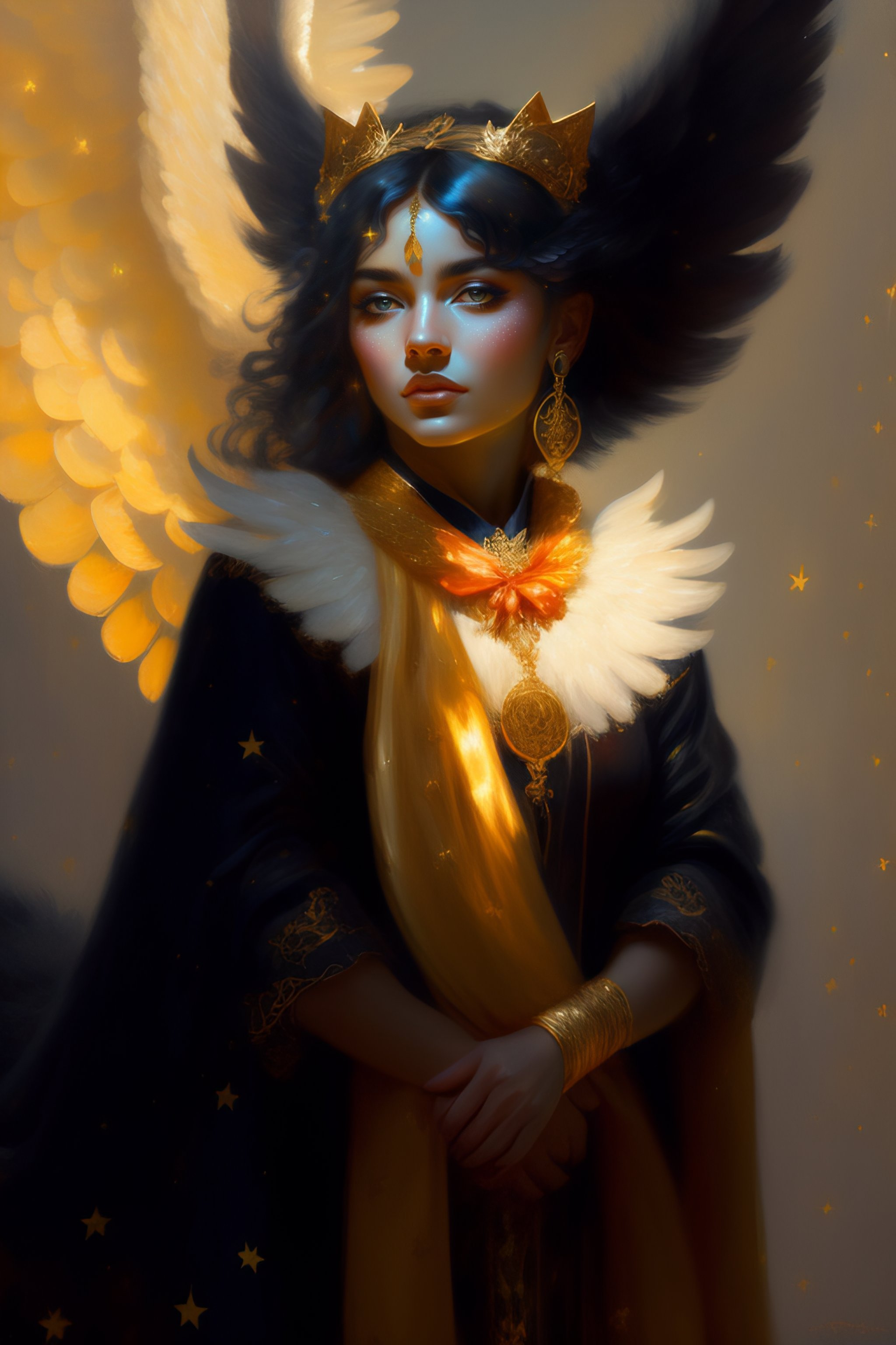 Lexica - A black cat as an angel with a gold scarf, windy, cape ...
