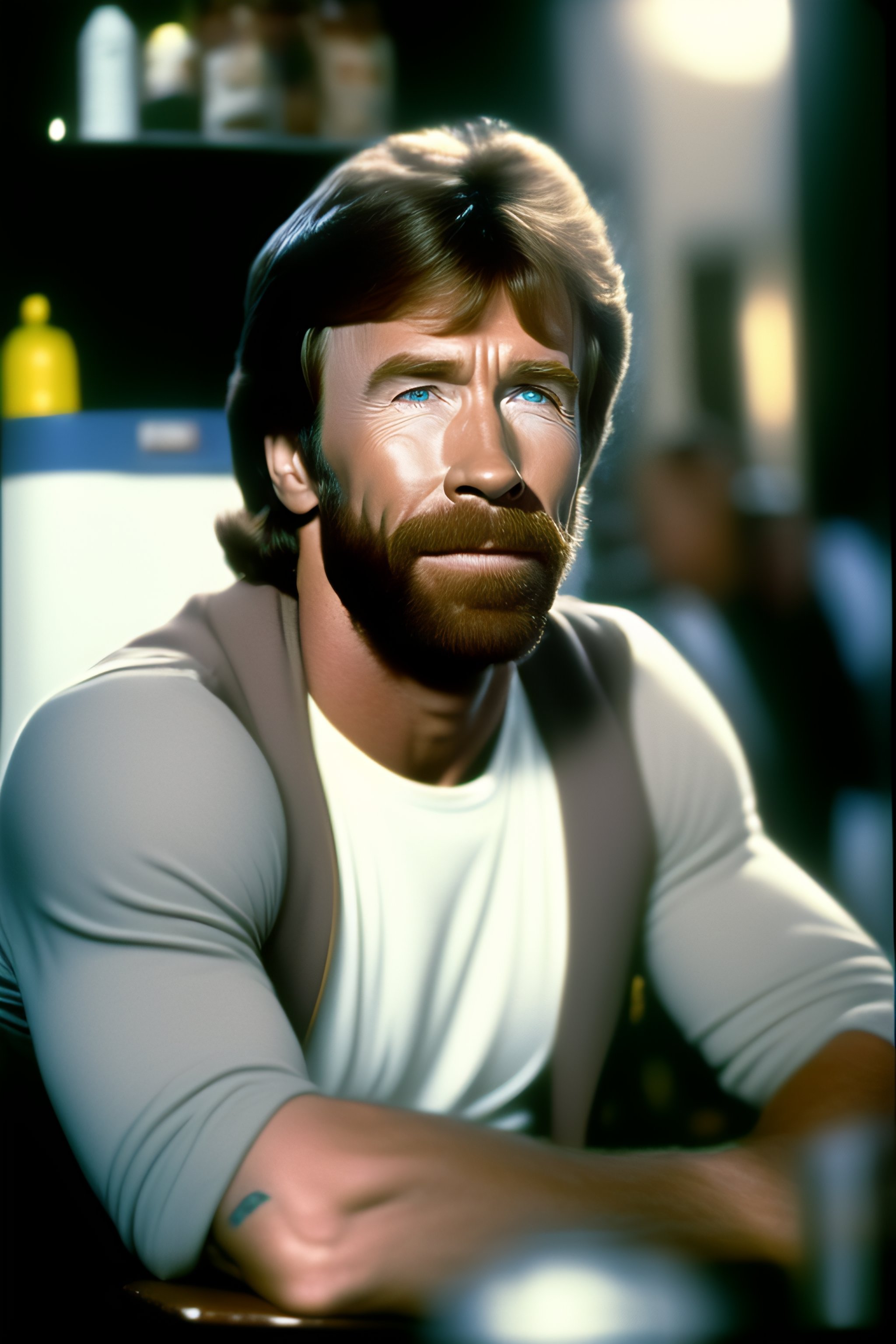 Lexica - Polaroid photo of chuck norris is sitting alone on a bench in ...