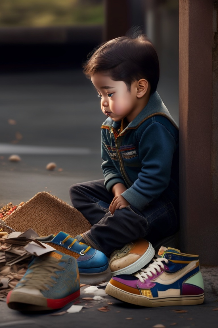 Lexica - Beside the boy, a heap of discarded shoes lies scattered ...