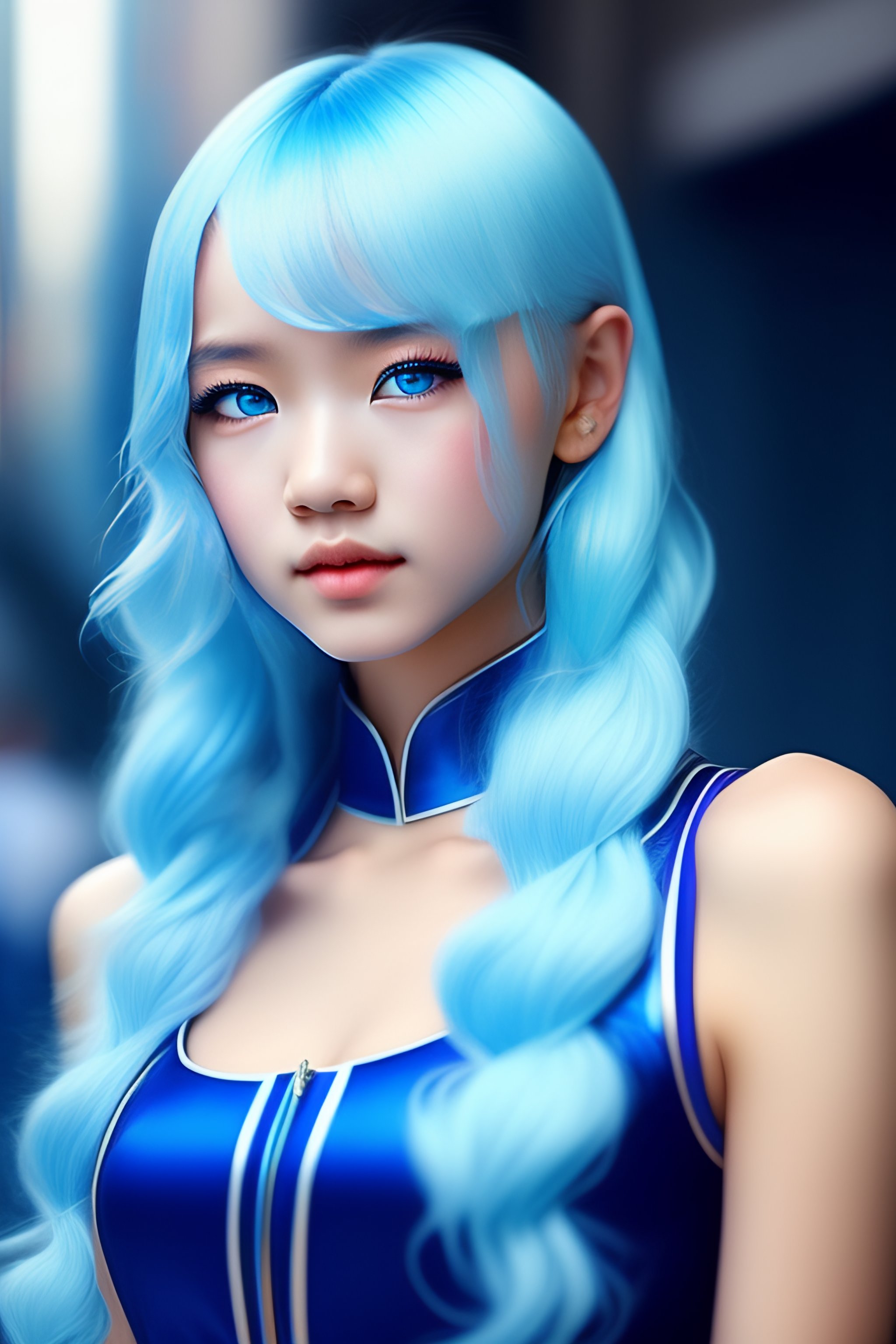 Lexica - Girl,light blue hair , blue eyes , white skin , drees blue ...