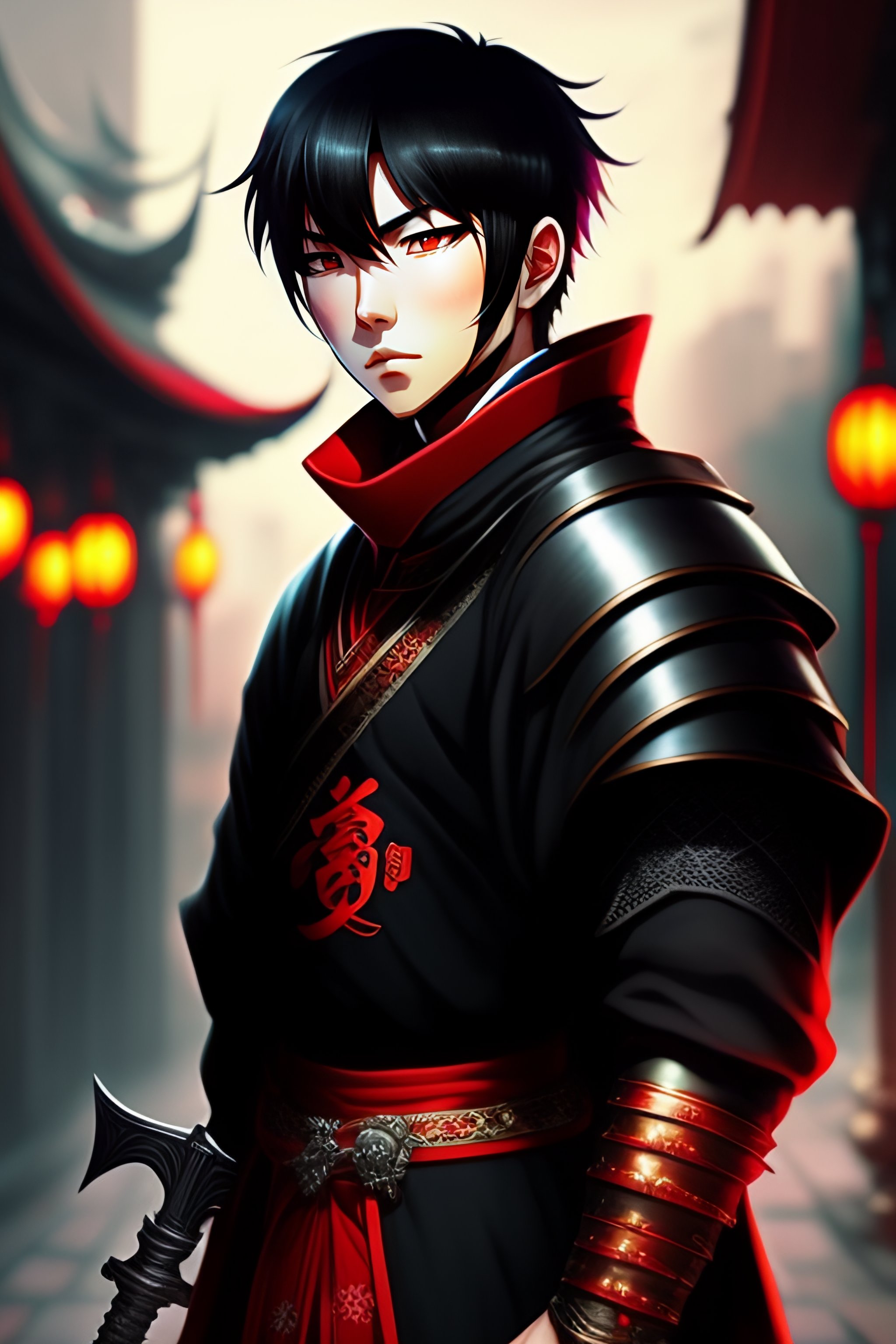 Lexica - Anime style boy black hair, deep focus, medieval knight cloths ...