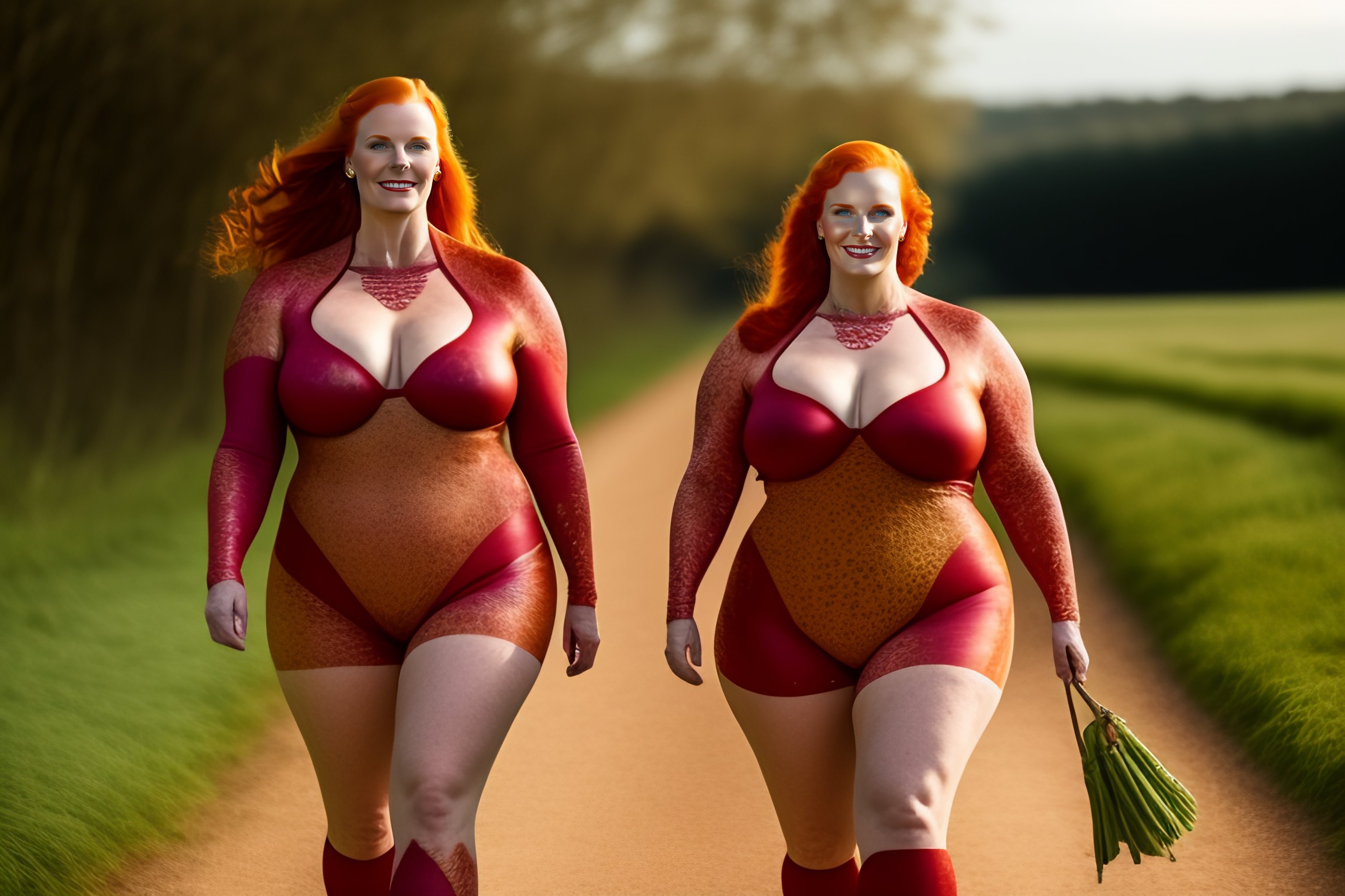 Lexica - two plus size redhead women covered in white body paint standing  in an archway