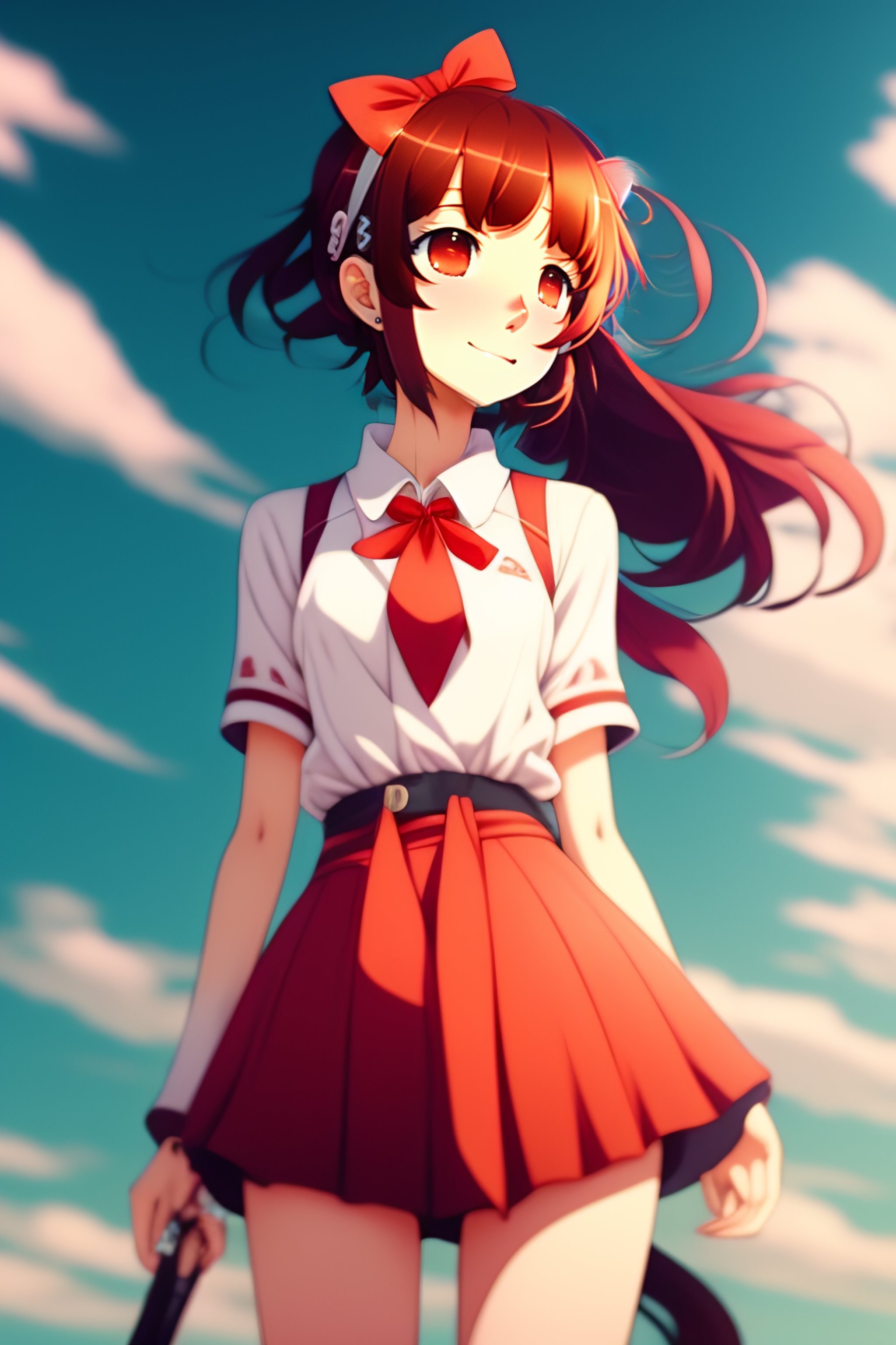 Lexica Anime Girl In Joyful Pose Red Hairband With Bow Loose White Shirt With Red Accents