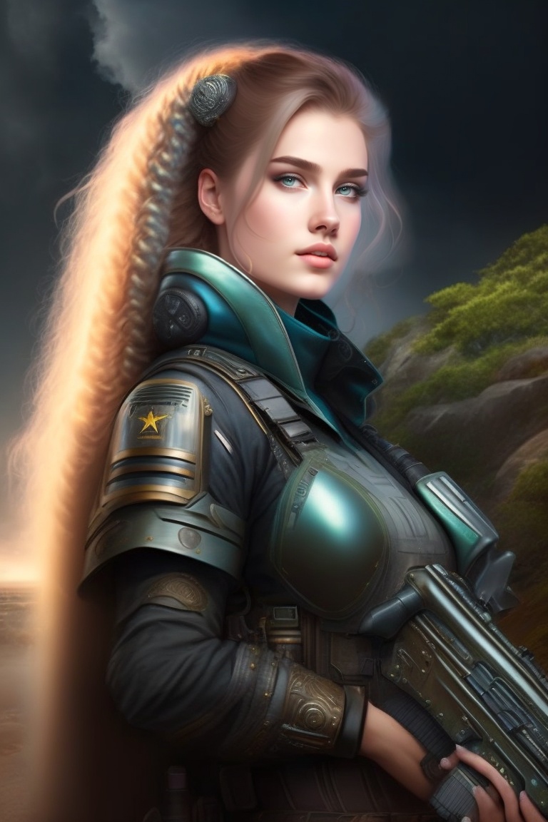 Lexica - Woman with bionic arms, army, weapons, cyberpunk