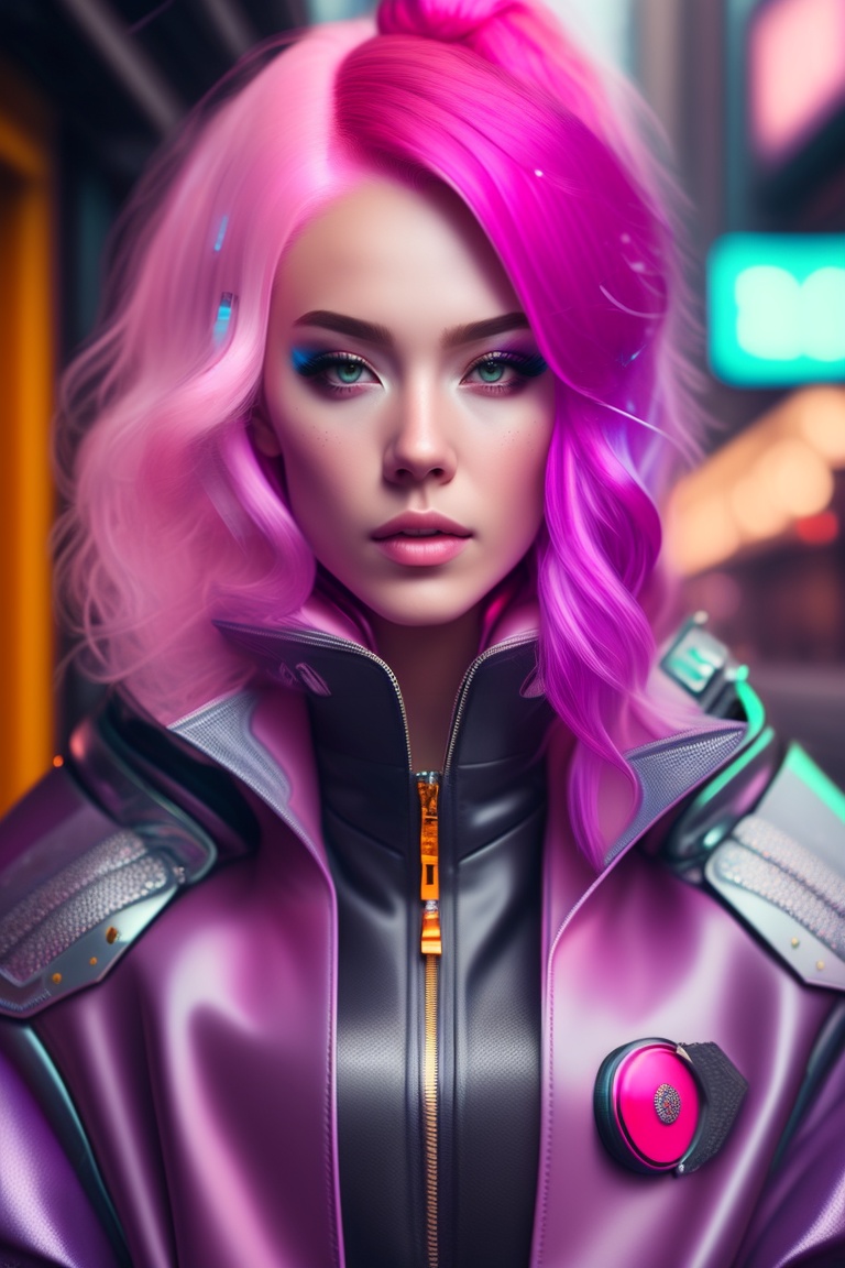 Lexica - Portrait of beautiful girl with pink hair, wearing cyberpunk ...