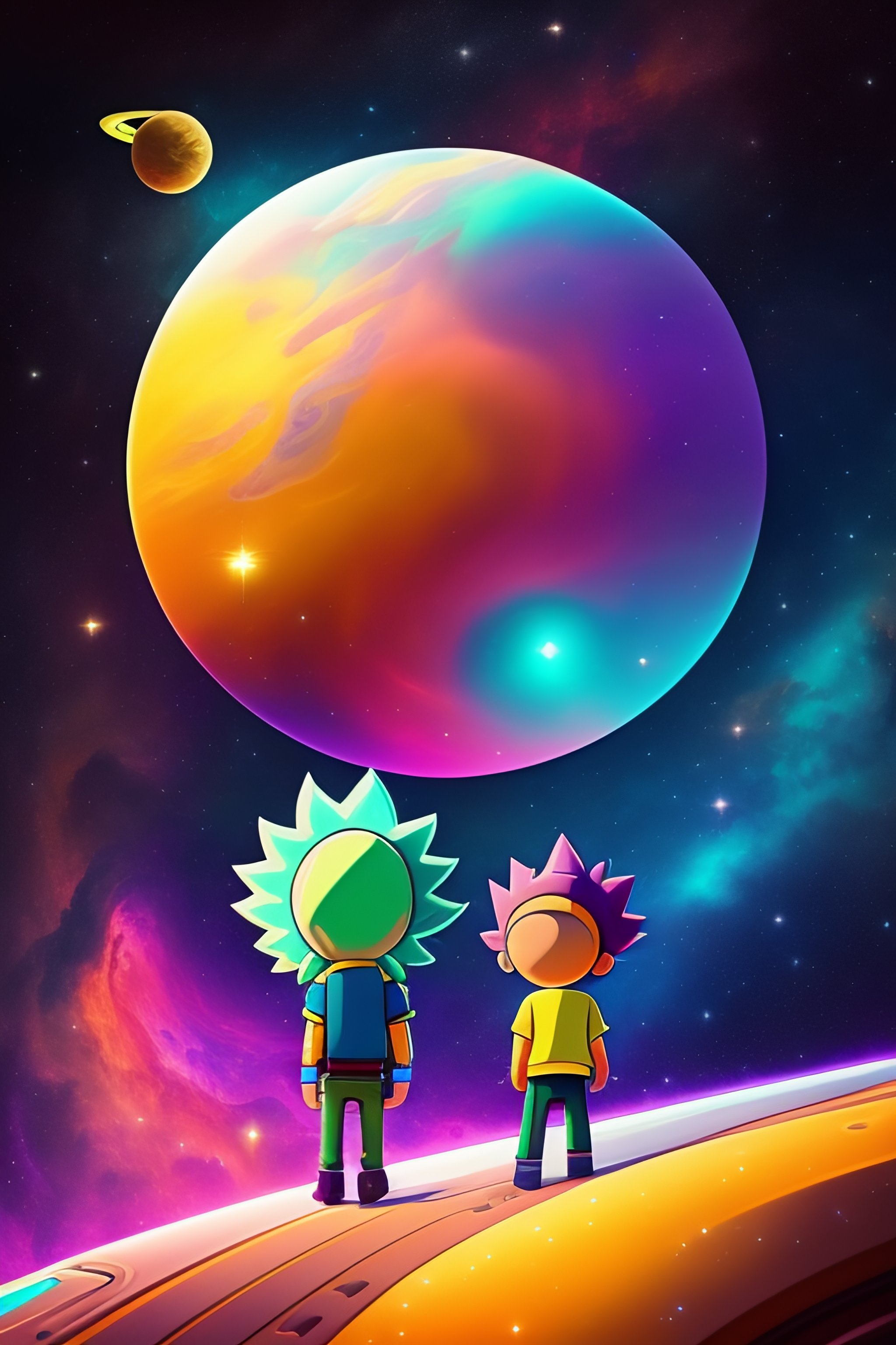 Lexica - 2 cartoon characters walking on a spaceship in deep space