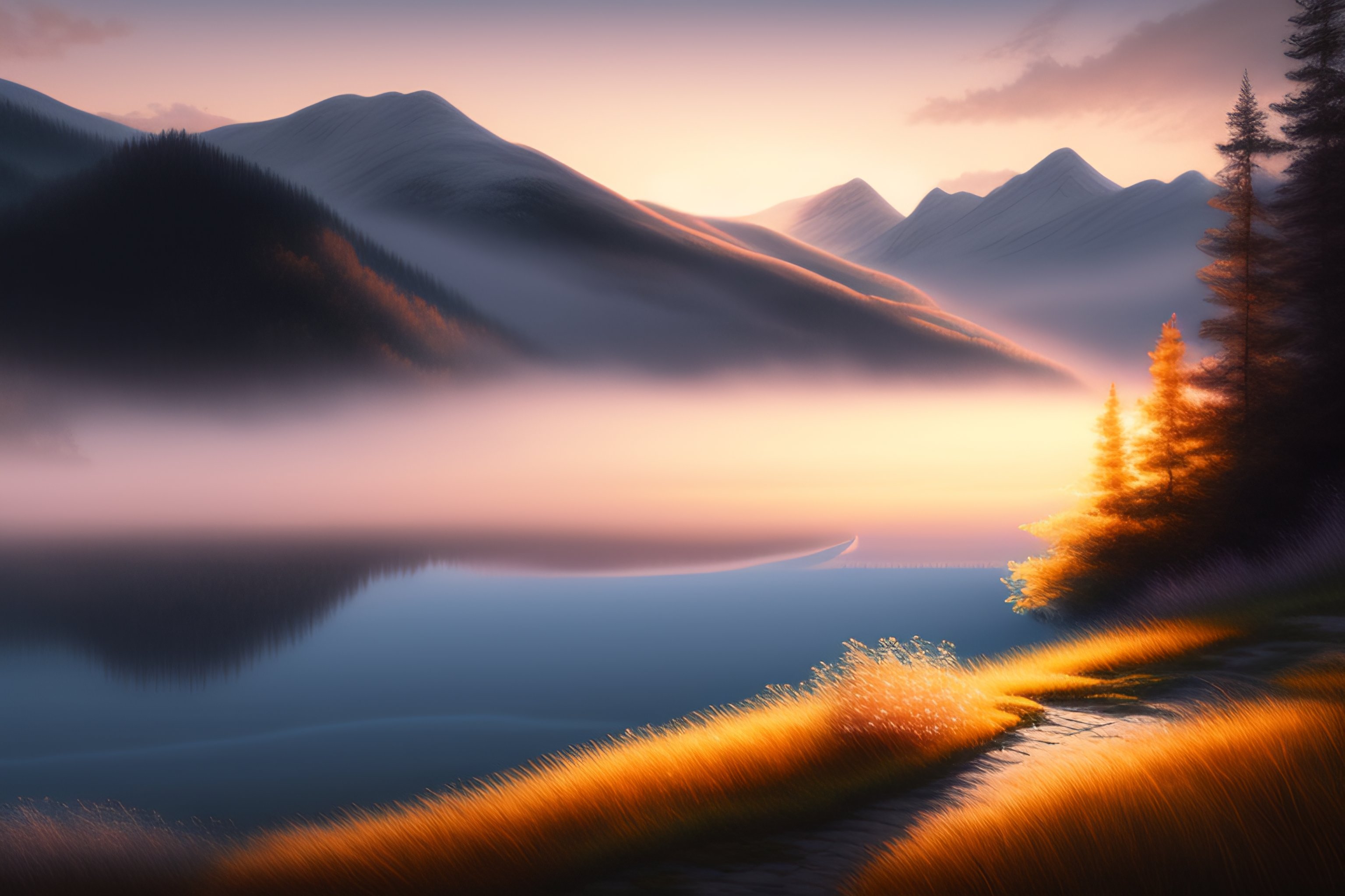 lexica-a-hand-drawing-of-a-beautiful-landscape-with-a-lake-some-fog