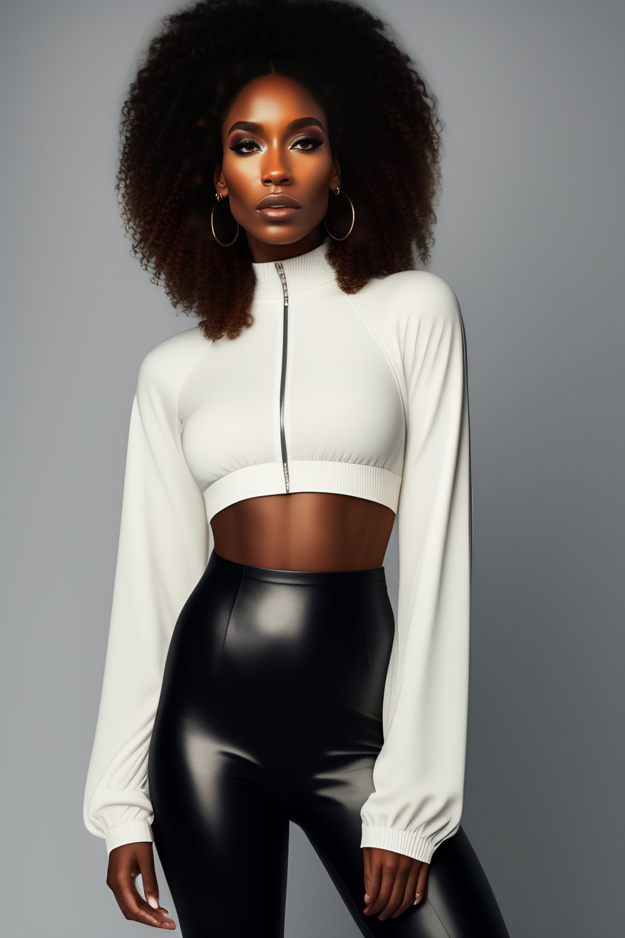 Lexica - Portrait of a woman wearing high waisted leather leggings and gray  cotton long sleeve short crop top