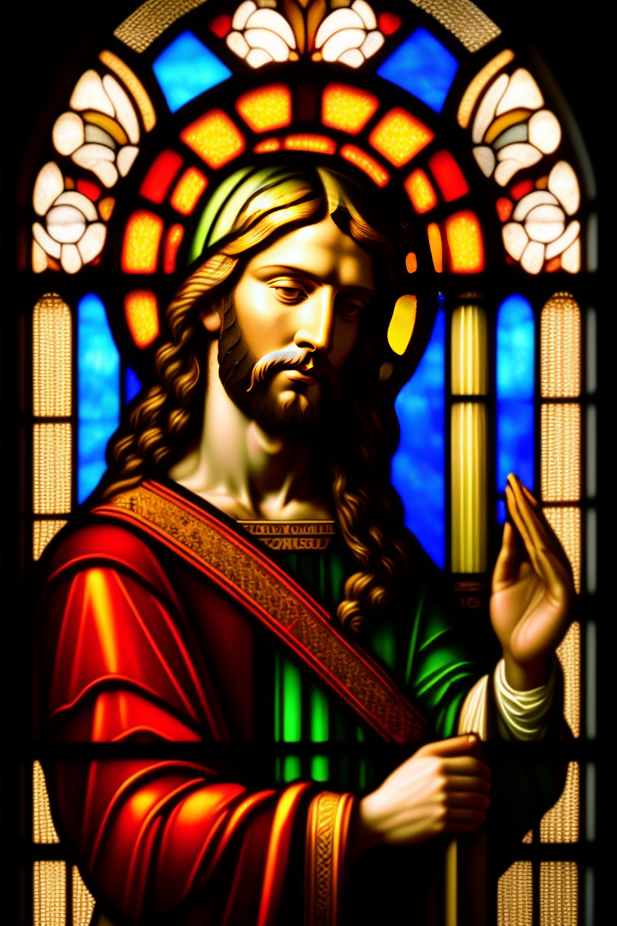 Lexica - A bright, stained glass window of catholic Christ, intricately ...