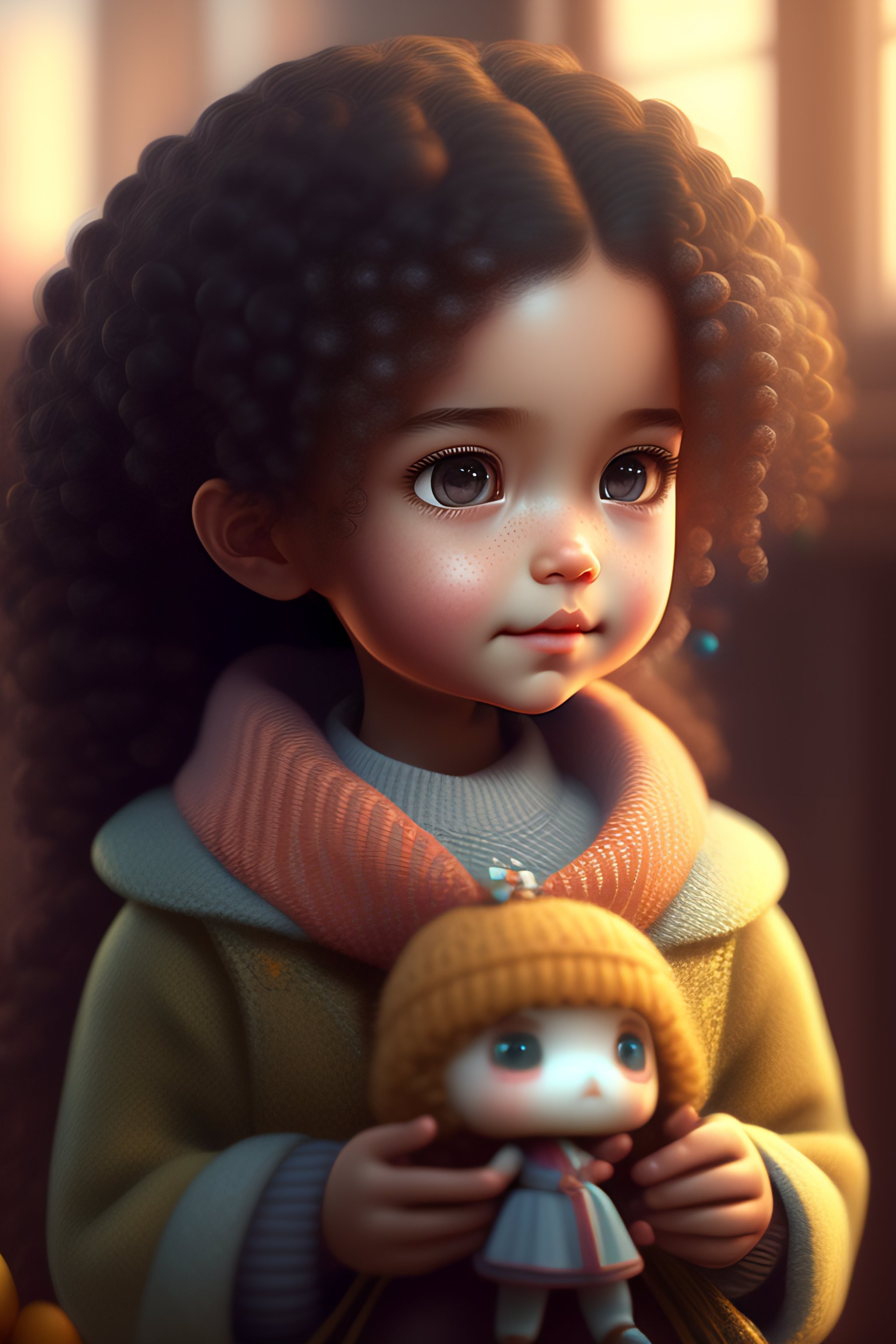 Lexica Very cute cartoon caracter little girl little doll in hand curly hair short girl unreal engine cozy indoor lighting artstation detailed