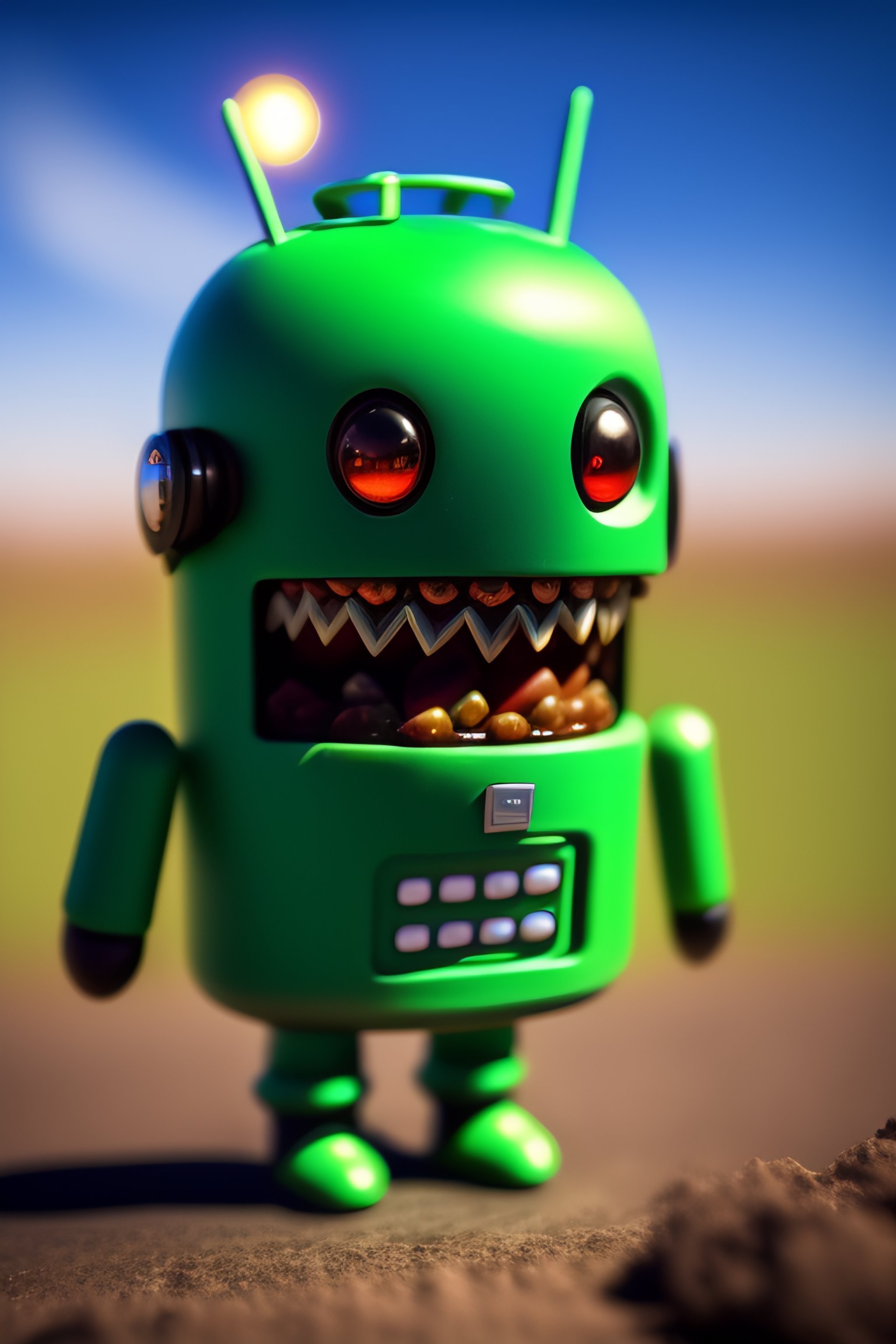 Lexica - Prototype solar powered android zombie with menacing smile, big  buldging eyes, clean, blue sky, video game character concept