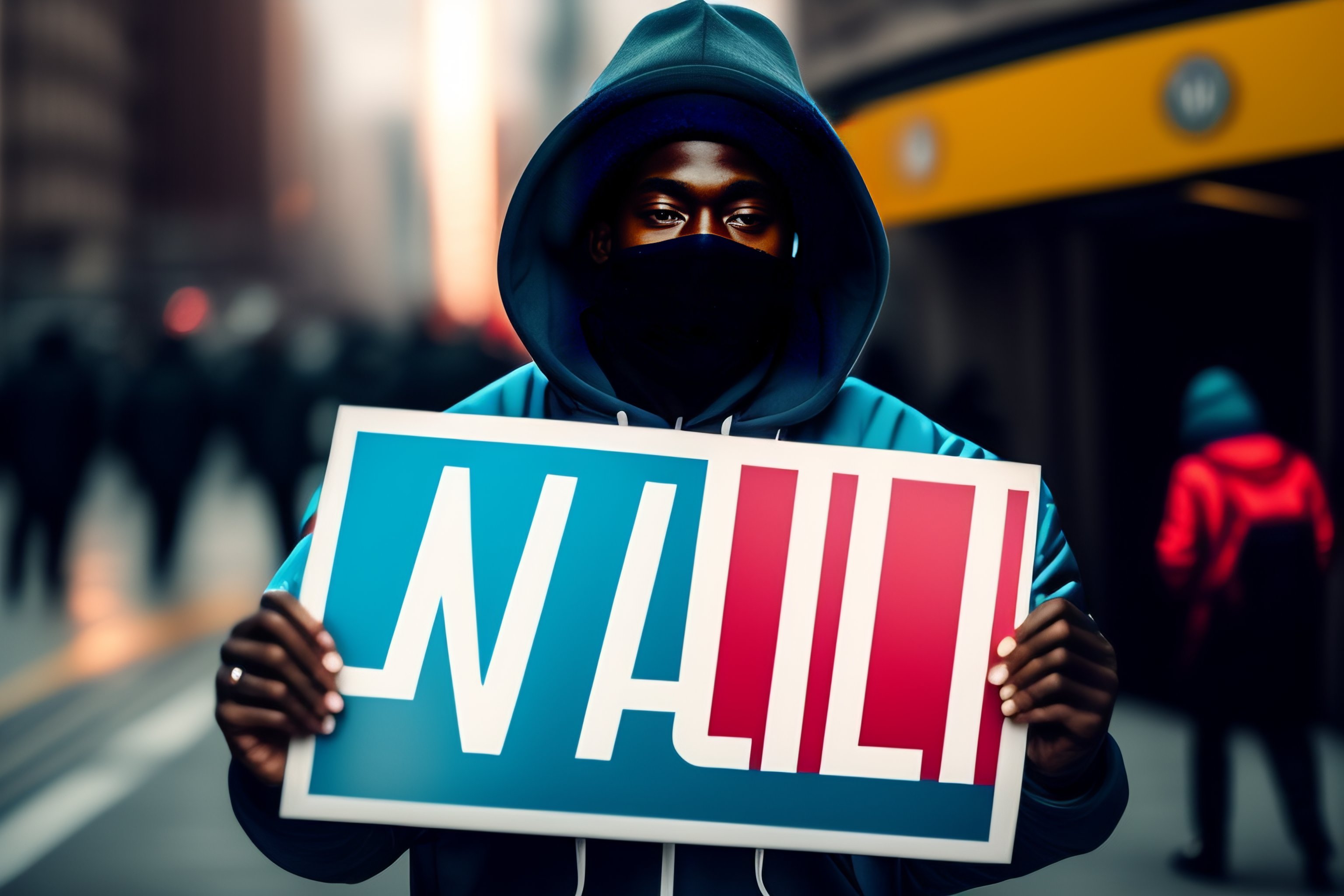 Lexica - Drill rapper with balaclava holding up a sign with the text ...