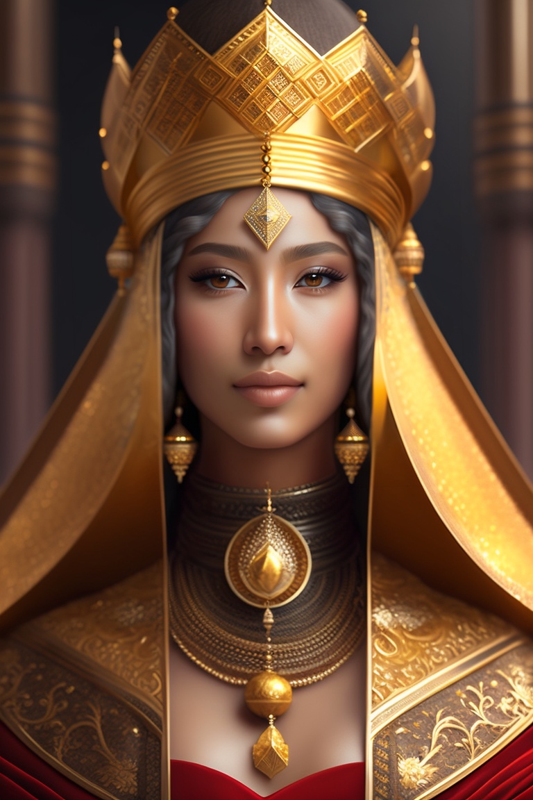 Lexica - A queen dressed in a costume made of gold, and behind her is ...