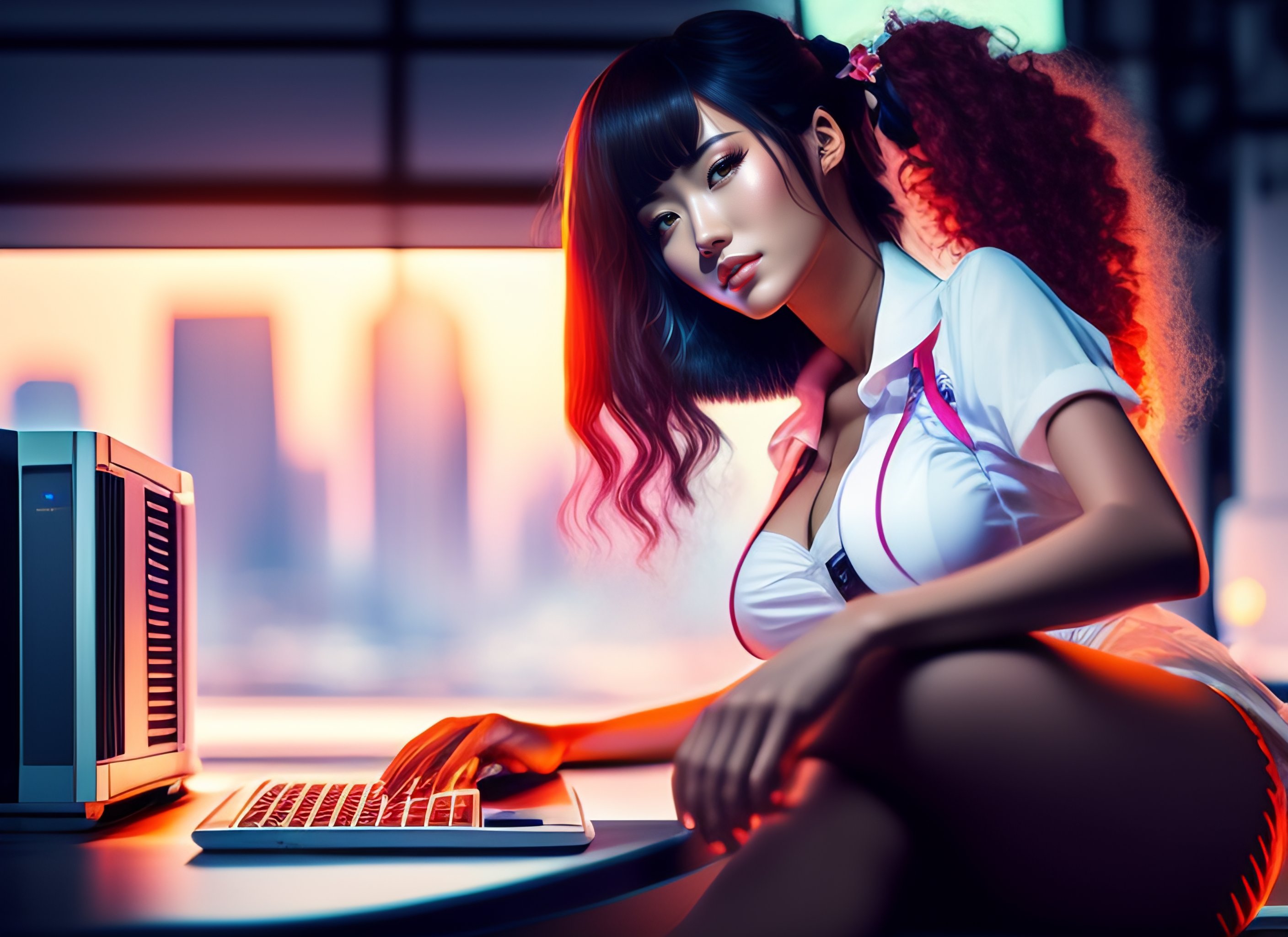 Lexica Sexy Anime Girl Working On Computer In Loft Skyline