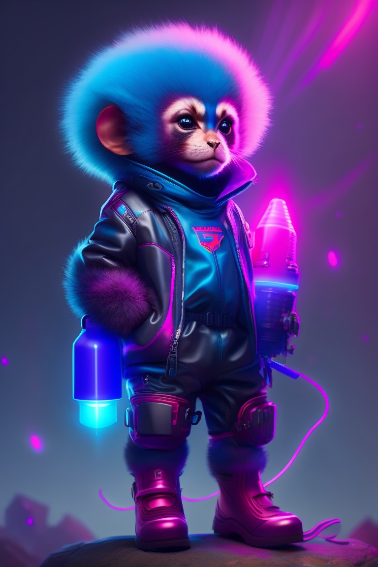 Lexica - Little Monkey, Neon Blue Fur, Fluorescent Hot Pink Paint Marks 