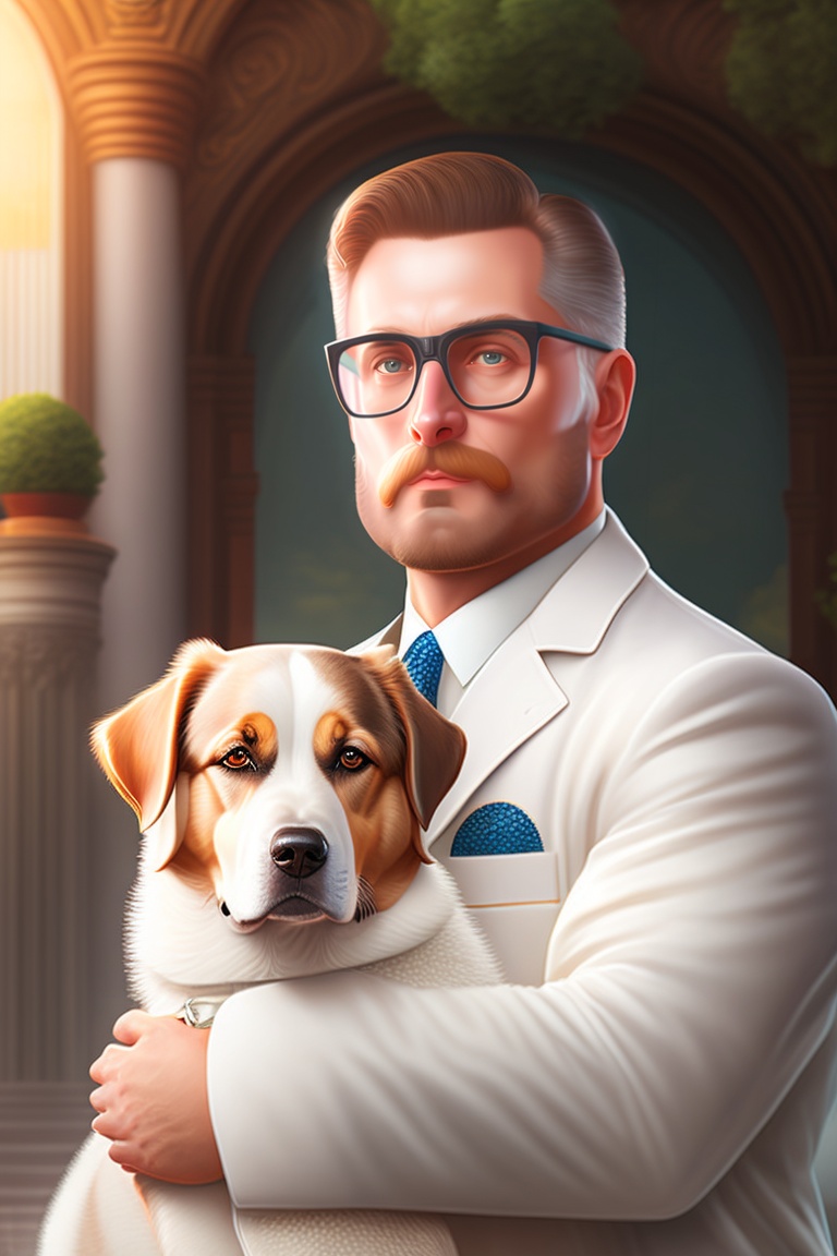 Lexica Soviet scientist holds a dog eye level, wearing a white lab