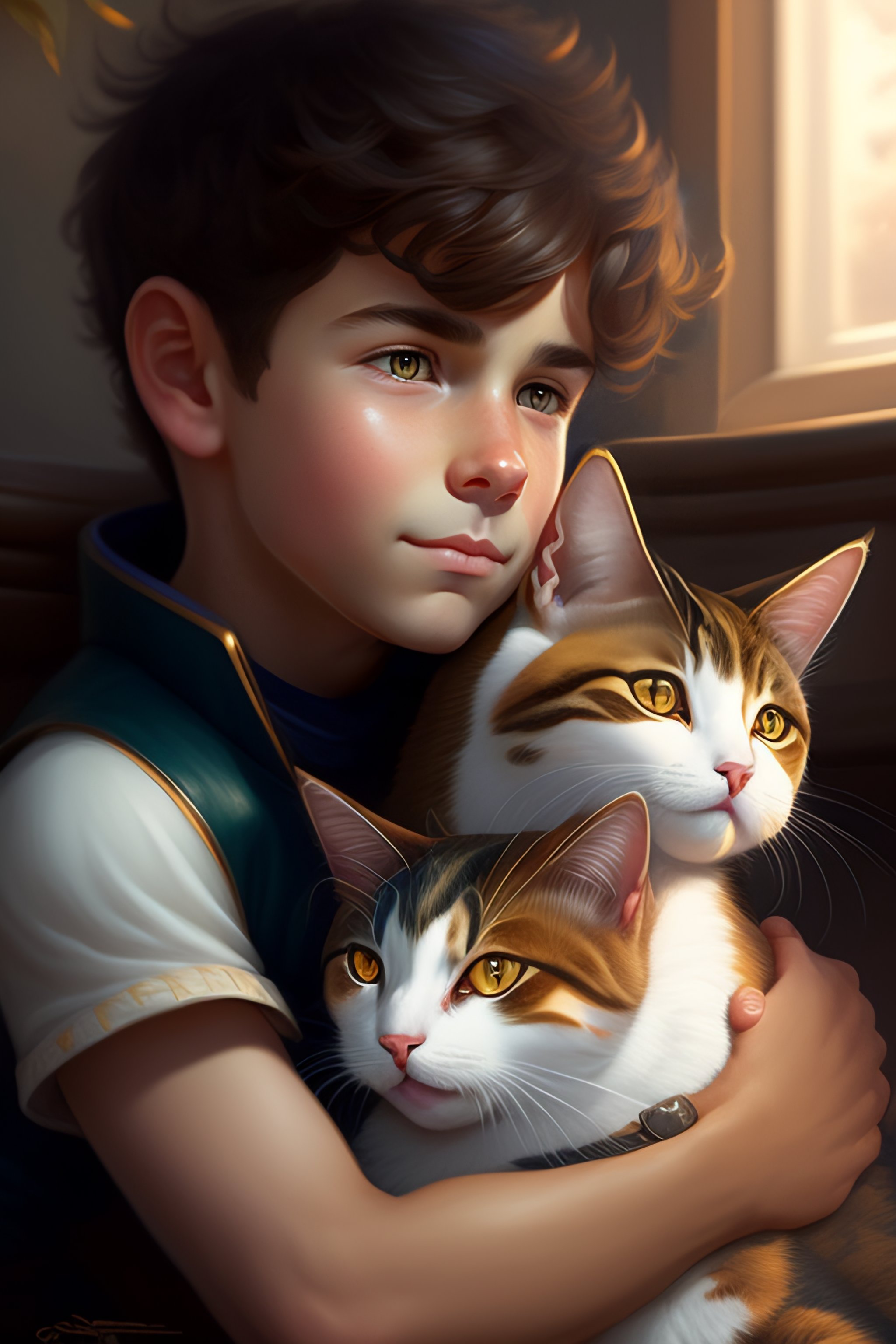 Lexica - A detailed portrait of a cute calm brunette boy hugging a tabby  cat illustrator, by justin gerard and greg rutkowski, digital art,  realistic...