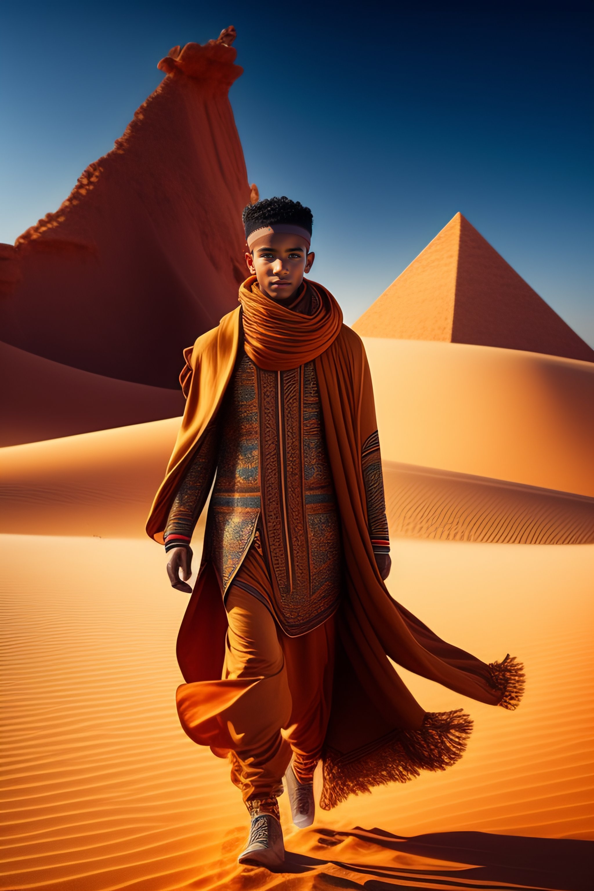 Lexica - Futuristic, young boy wear moroccan clothes and futuristic man  with desert scarf run, desert landscape cinematic