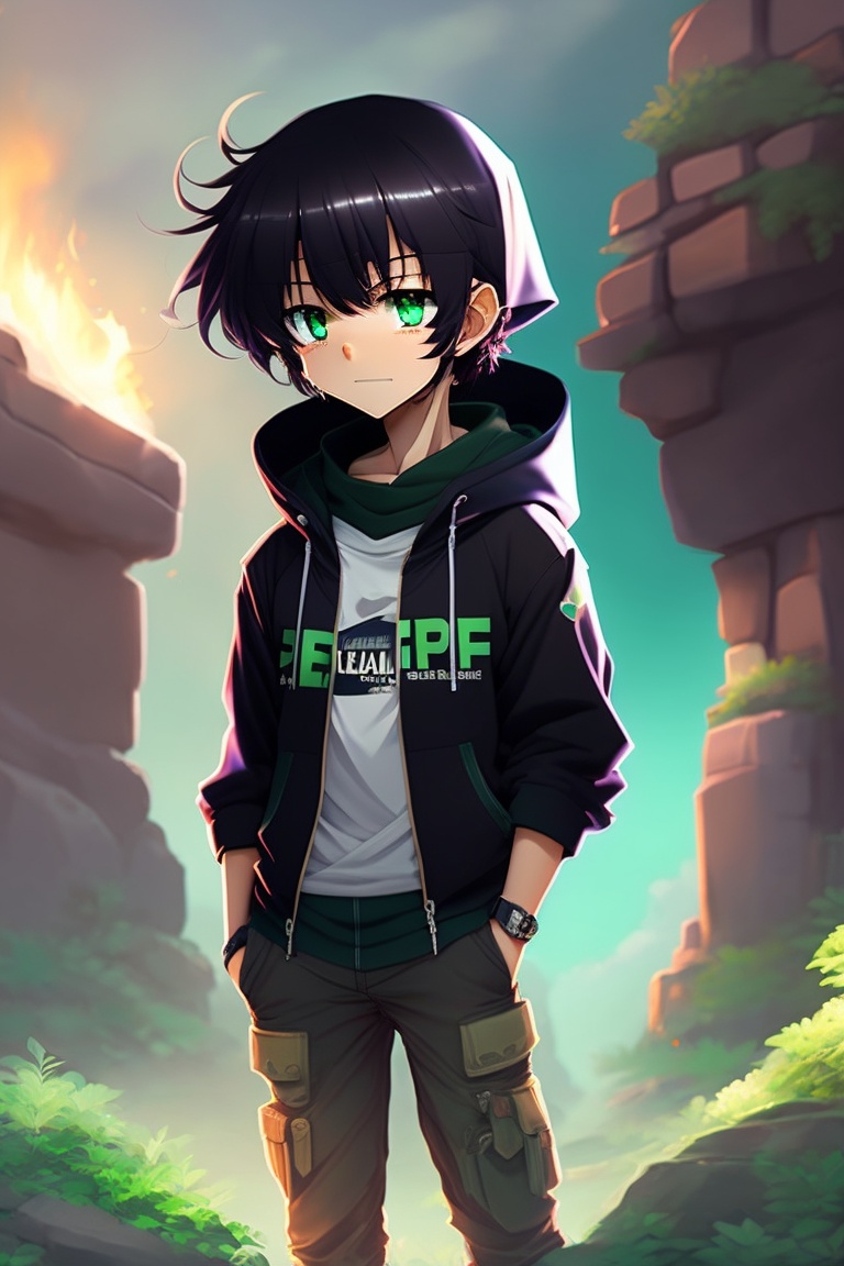 Lexica - A anime brown boy with green eyes and a bone mouth, wearing a ...