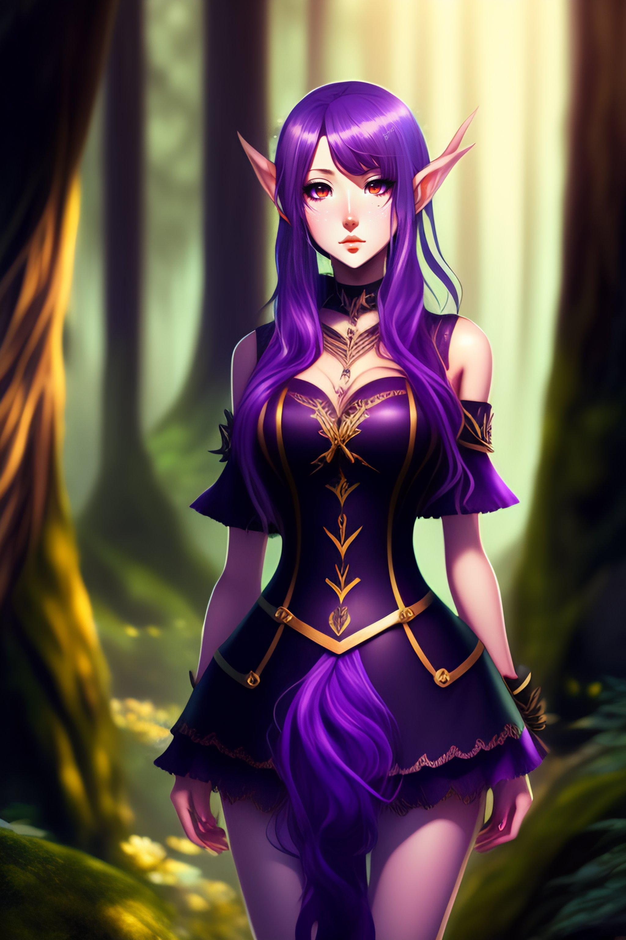 Lexica - Full body, 20-year-old girl anime forest elf, purple hair, black  dress