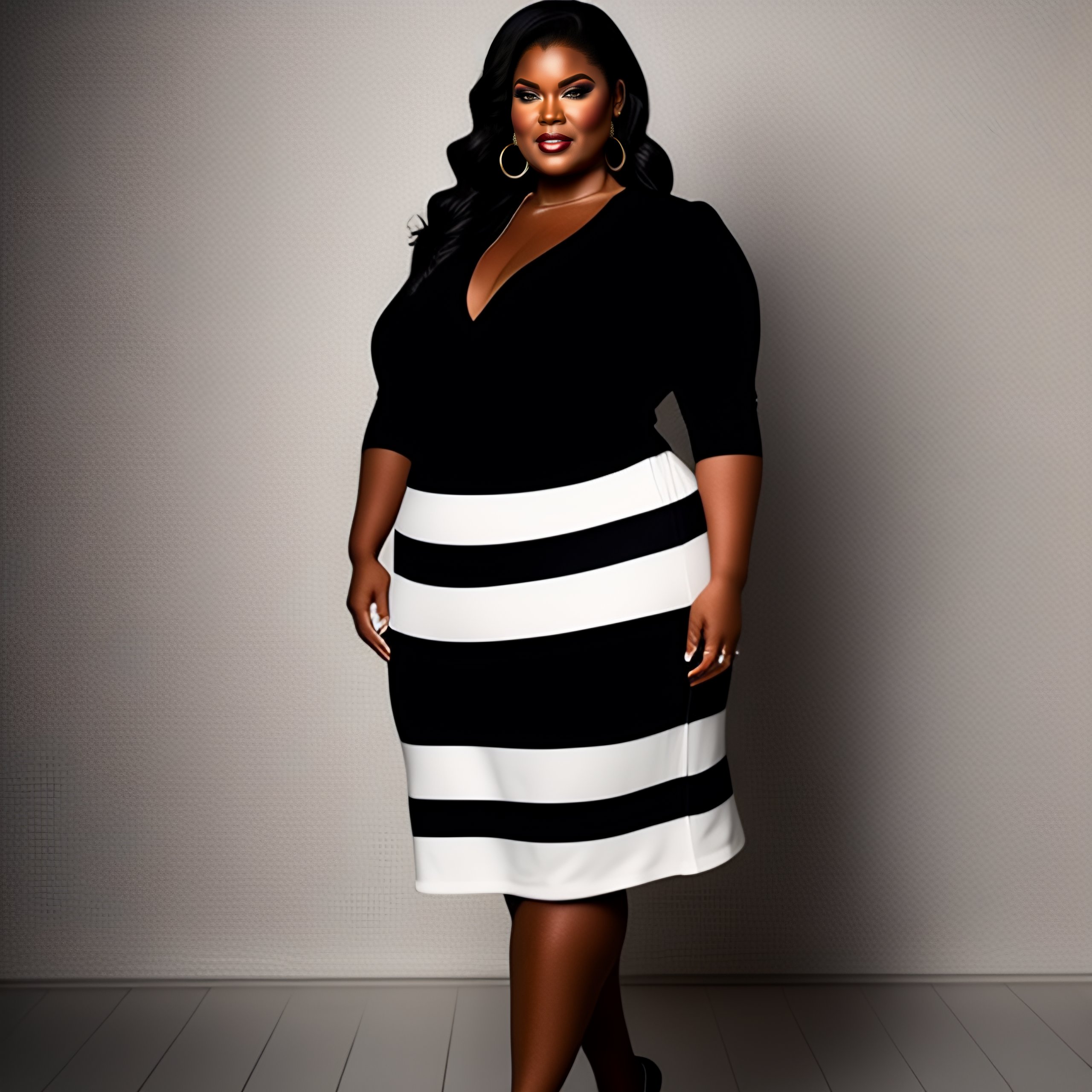 Lexica Plus size older female wearing black and white dress