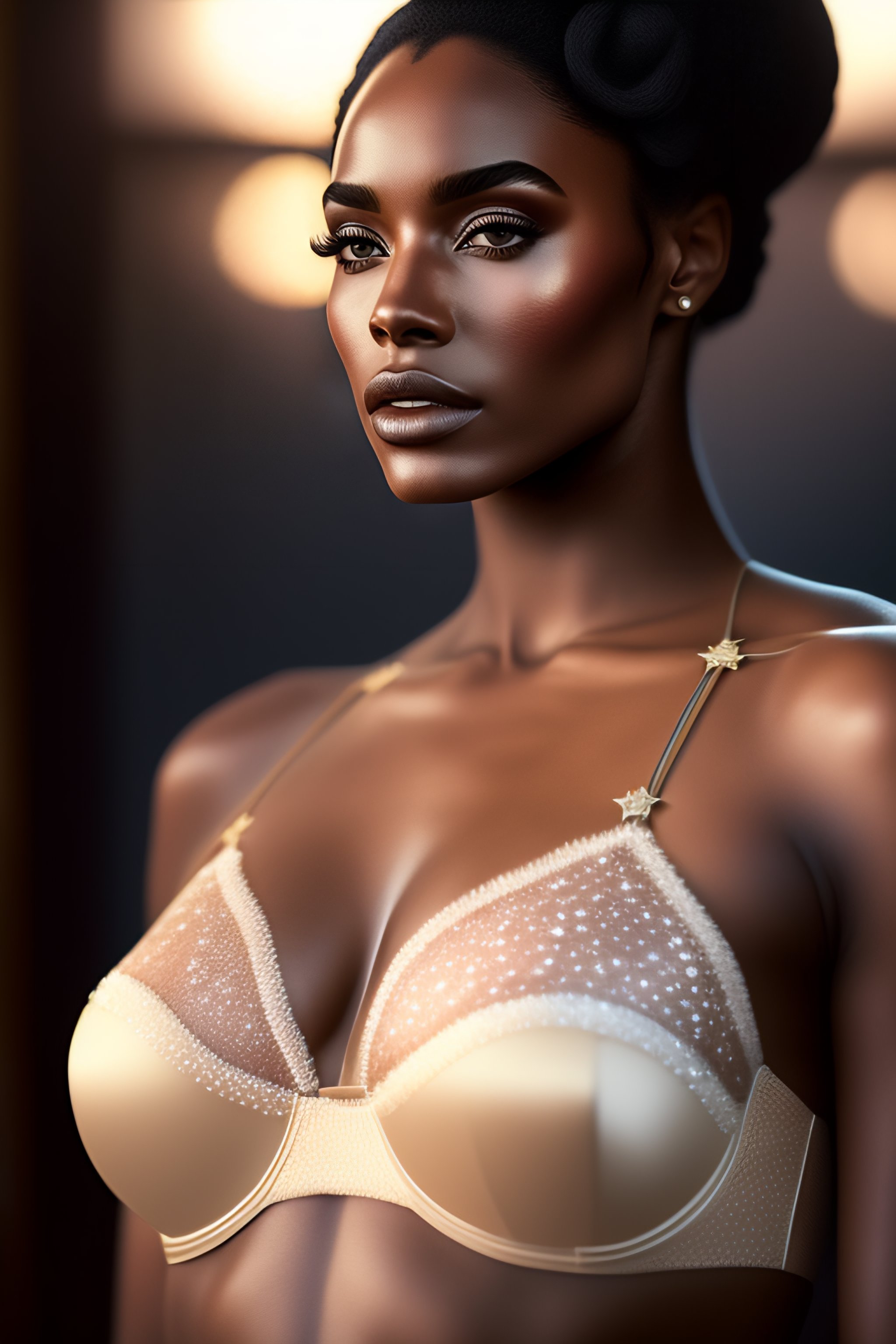 Lexica - Skin color silk tulle bra with lines and stars