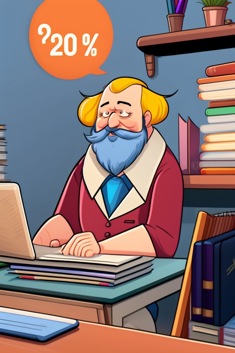 Lexica Pearson in doodly style sitting at a desk wich has a lot of