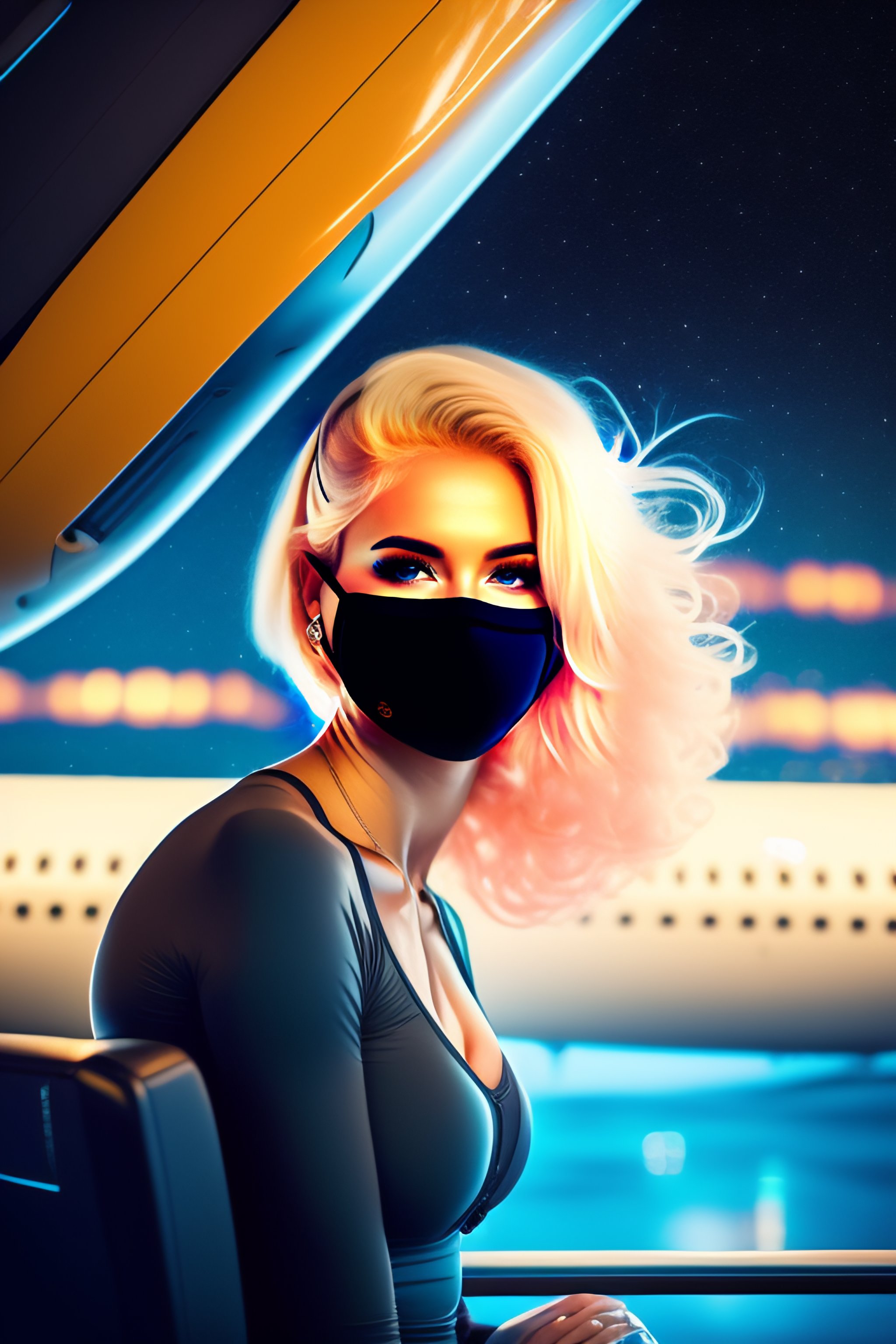 Lexica Shy 90s anime Blonde woman in yoga pants sitting on airplane