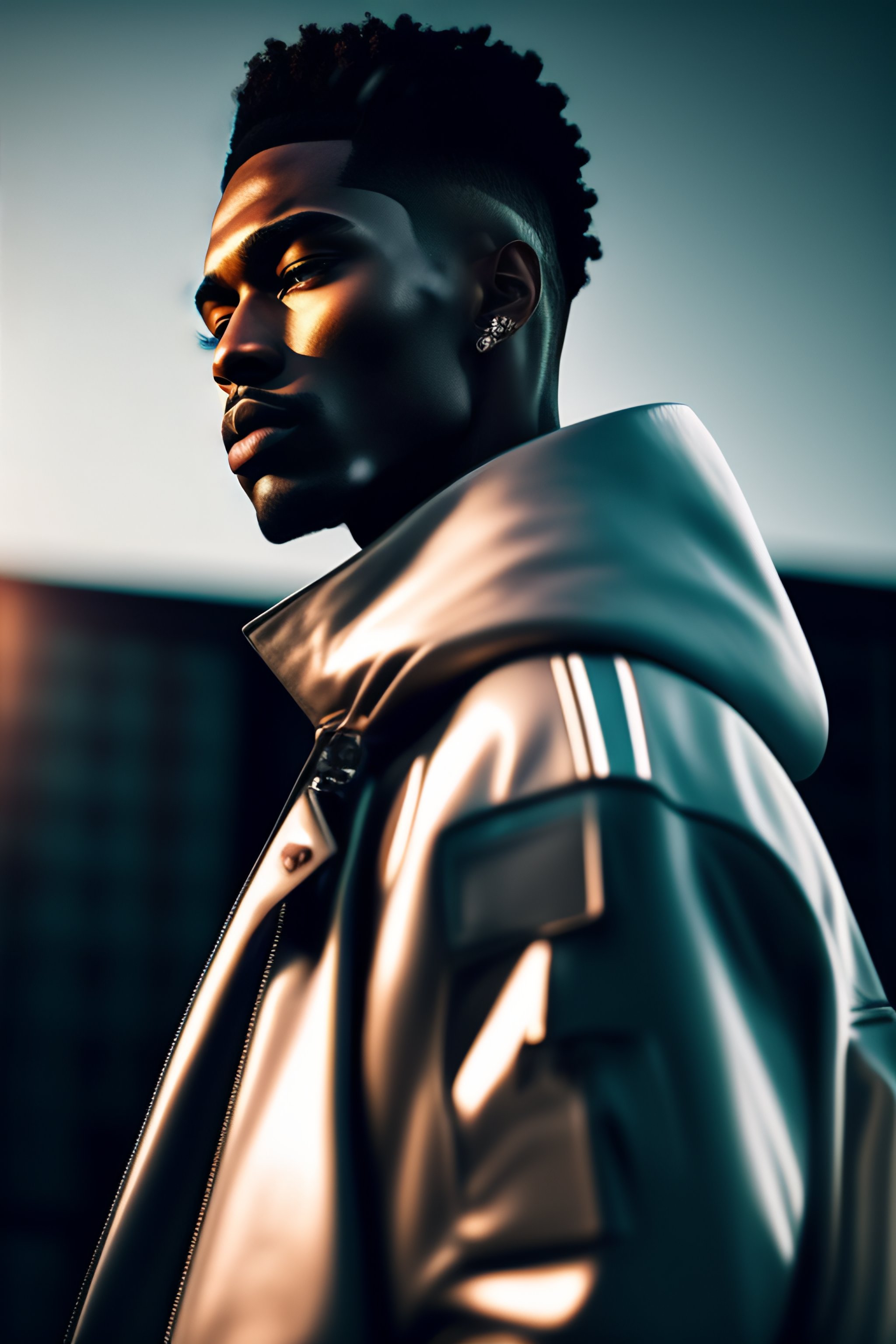 Lexica - Ad of a dangerous male fashion model, tilt up shot, oversized ...