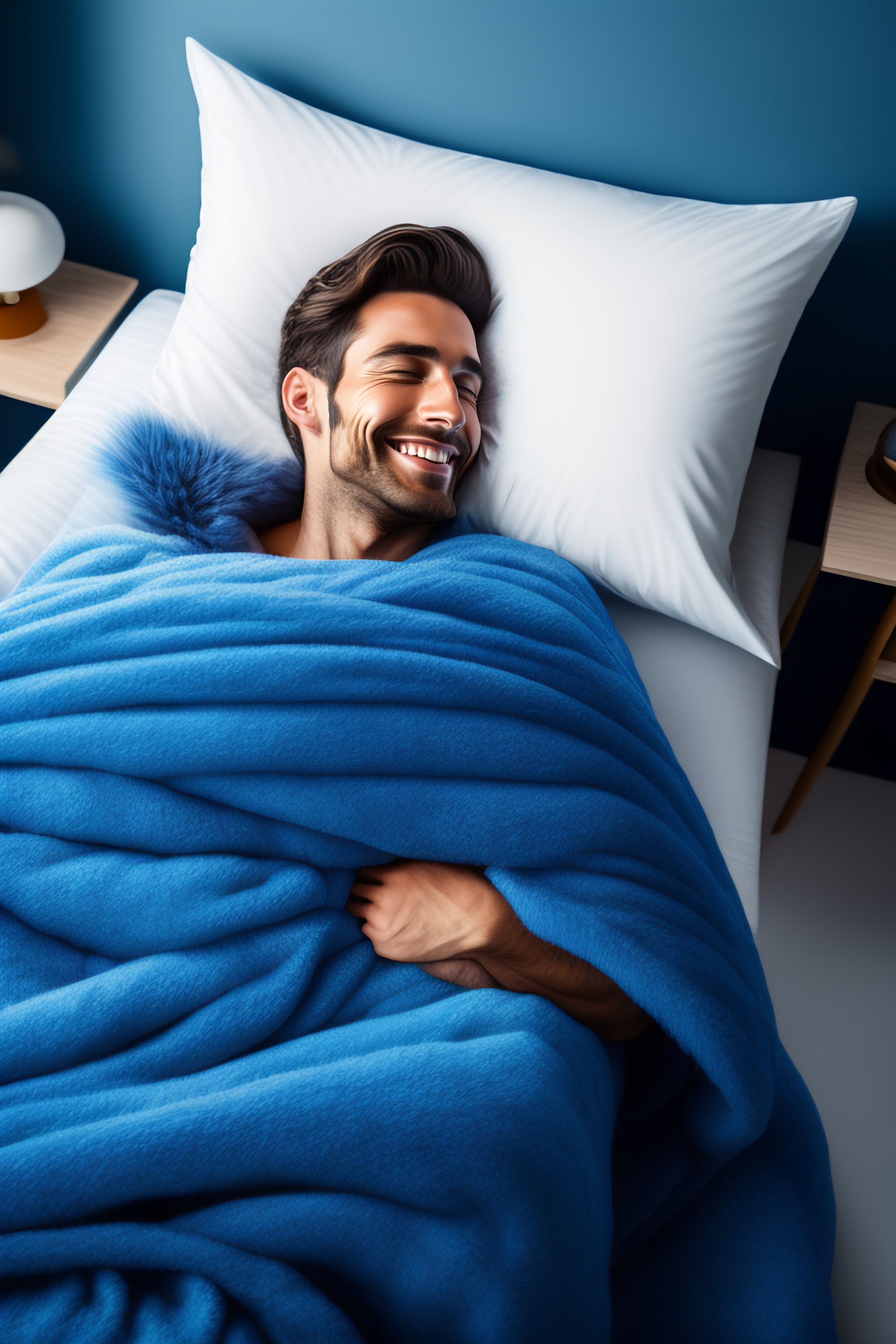 Lexica Happy man slepping in a bed with thin blanket that hugs whole