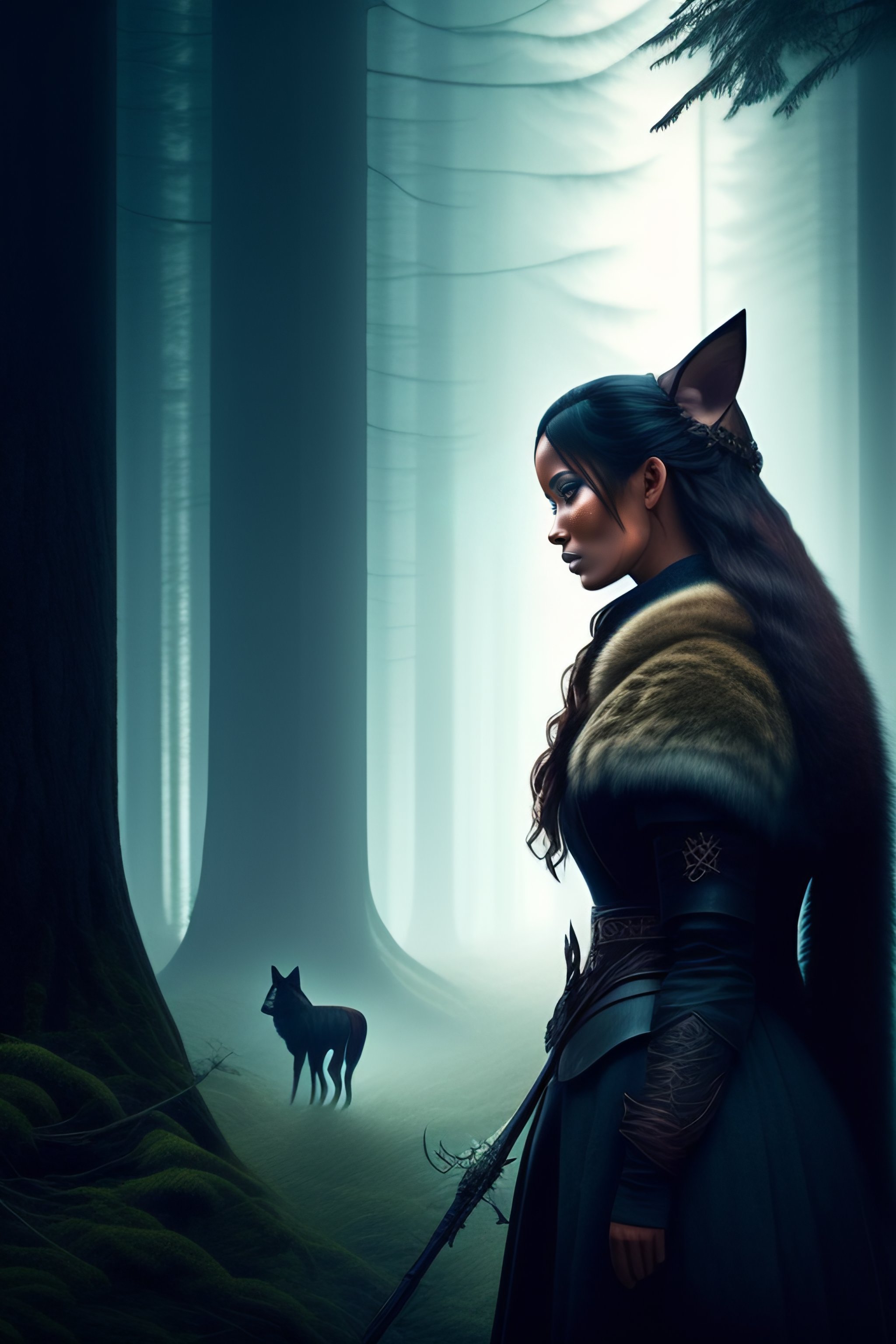 Lexica - A huntress girl, a huge wolf nearby, a dark fantasy atmosphere ...
