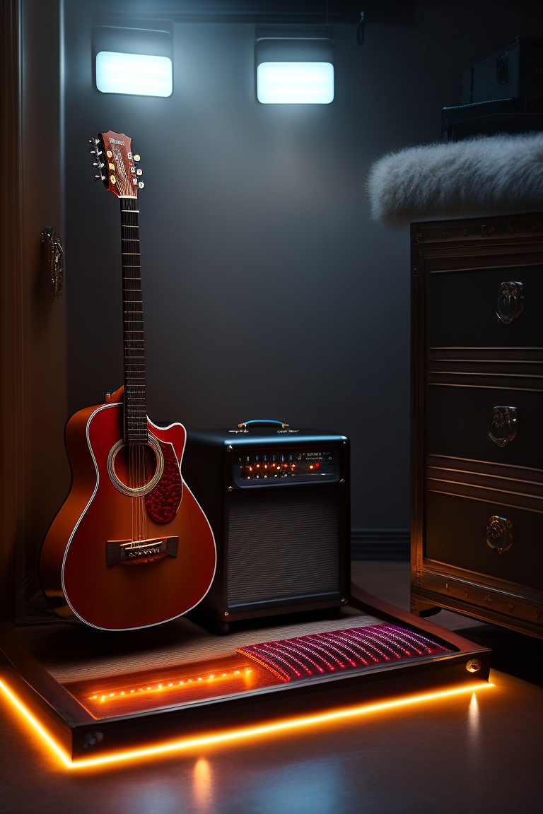 Lexica Guitar pedalboard in a dark room, with lights illuminating the